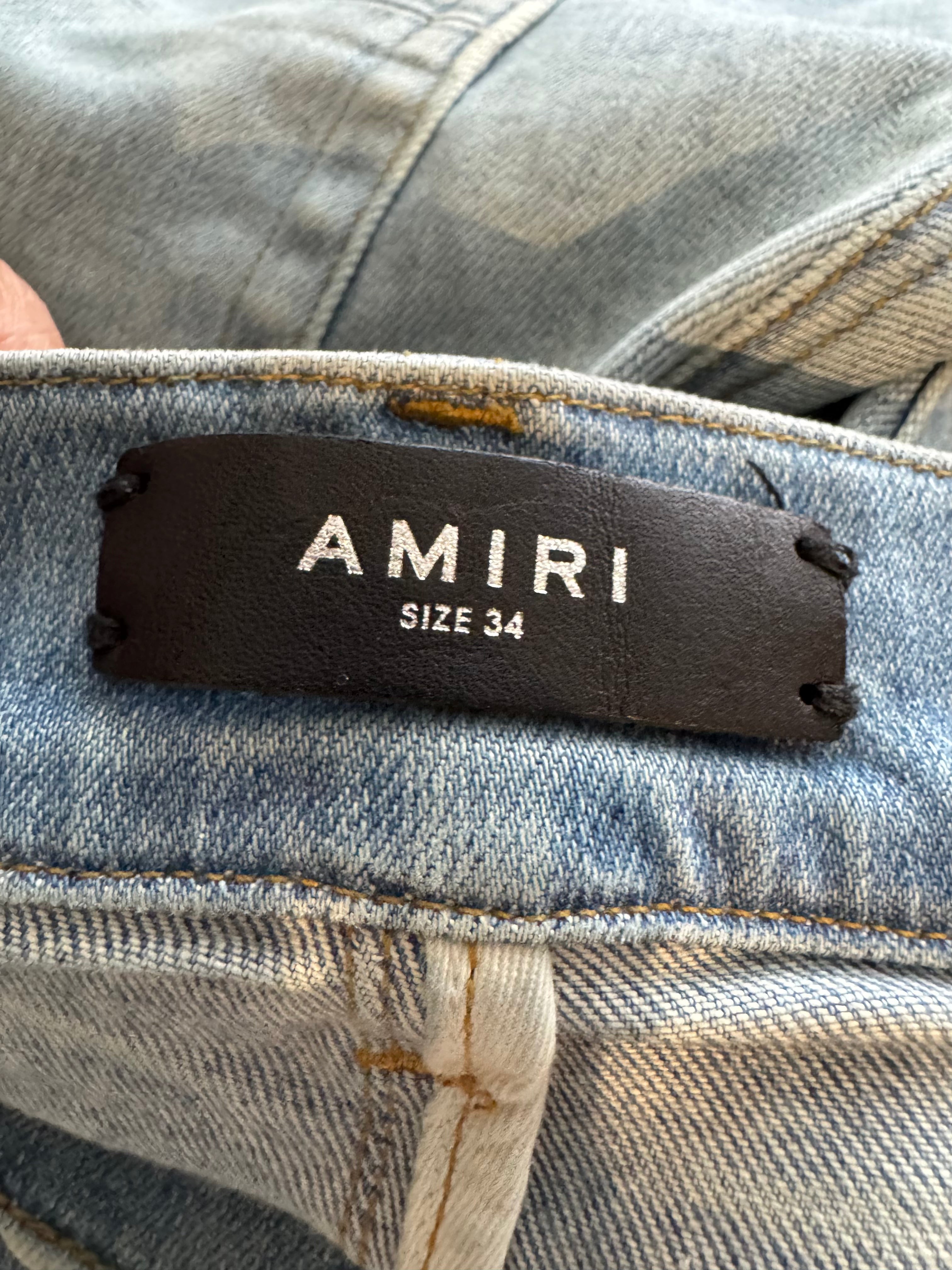 Amiri MX1 Green Plaid Patch Light Wash Blue Jeans