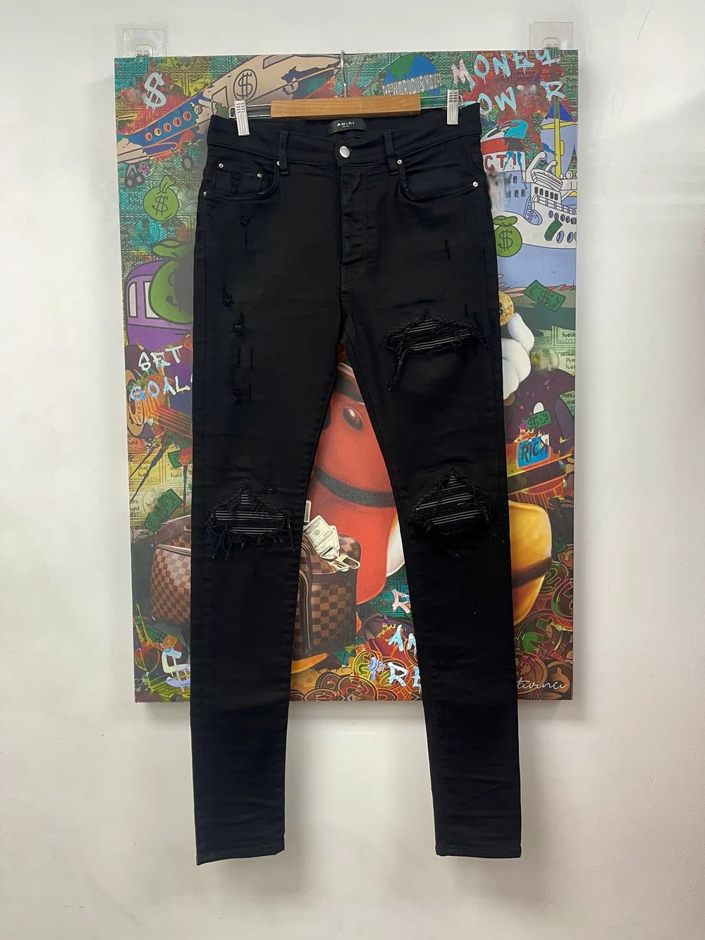 Amiri MX1 Black Leather Patch Black Jeans