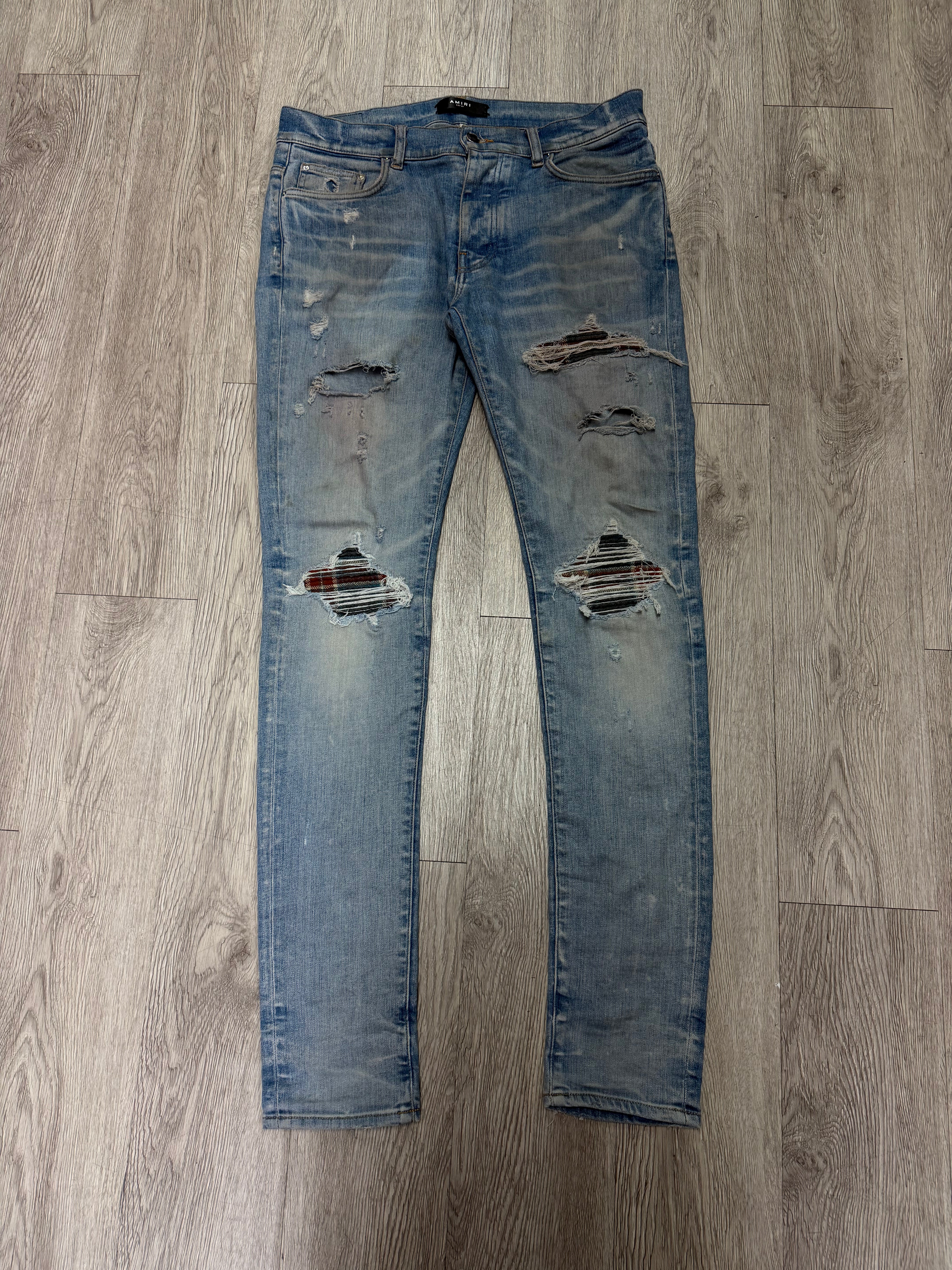 Amiri MX1 Light Wash Maroon Blue Patch Jeans