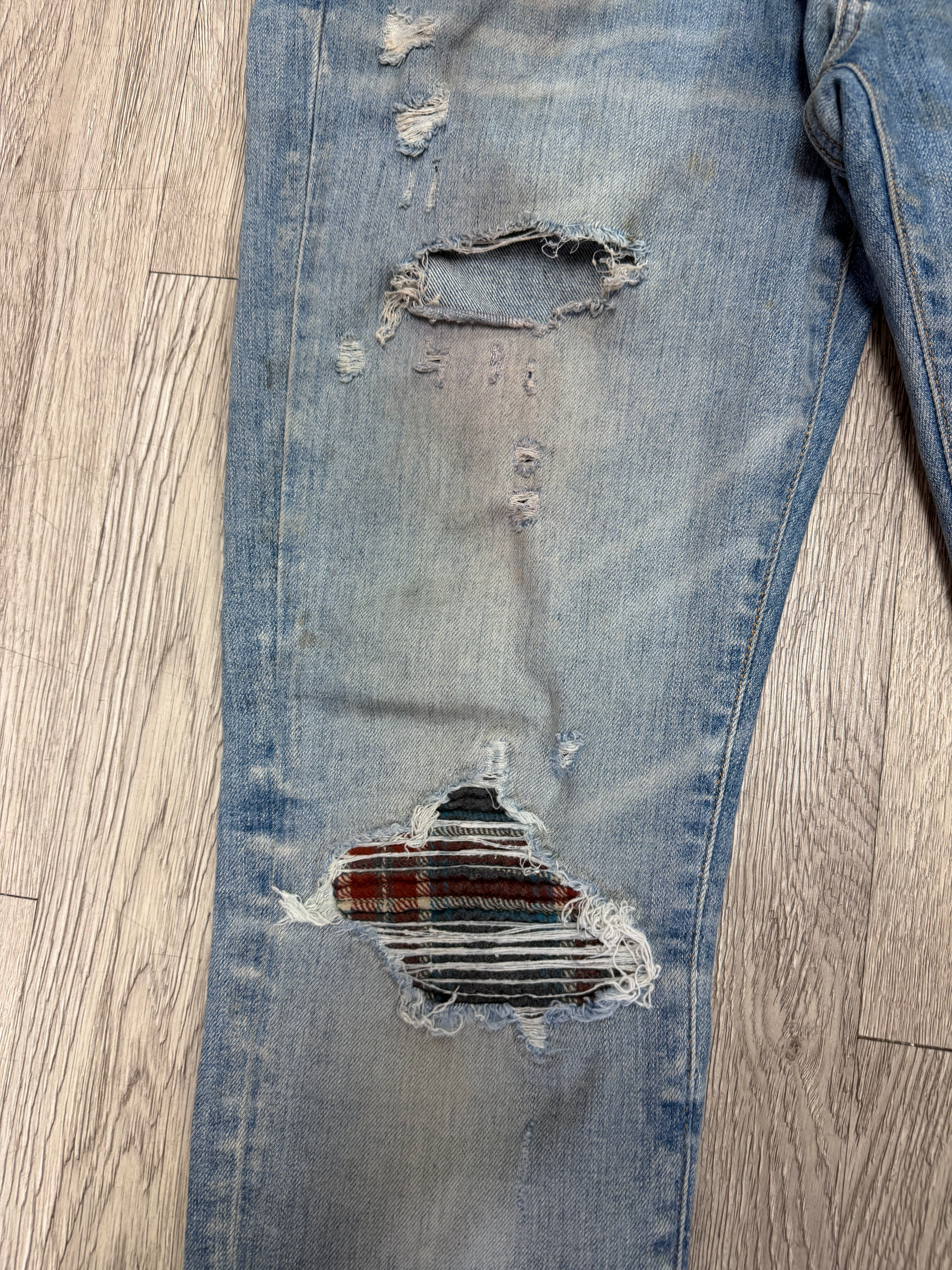 Amiri MX1 Light Wash Maroon Blue Patch Jeans