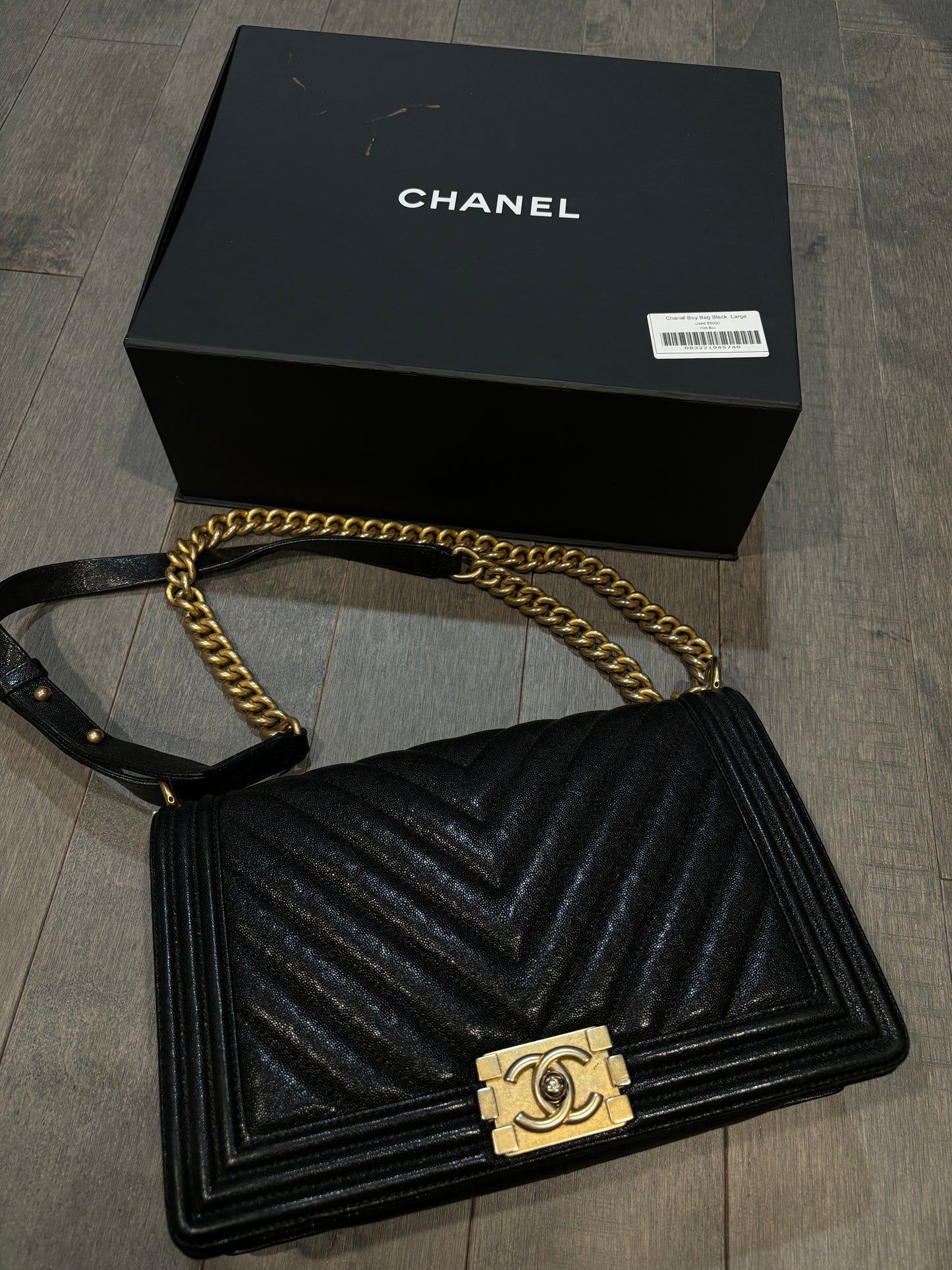 Chanel Boy Bag Black Used Large With Box