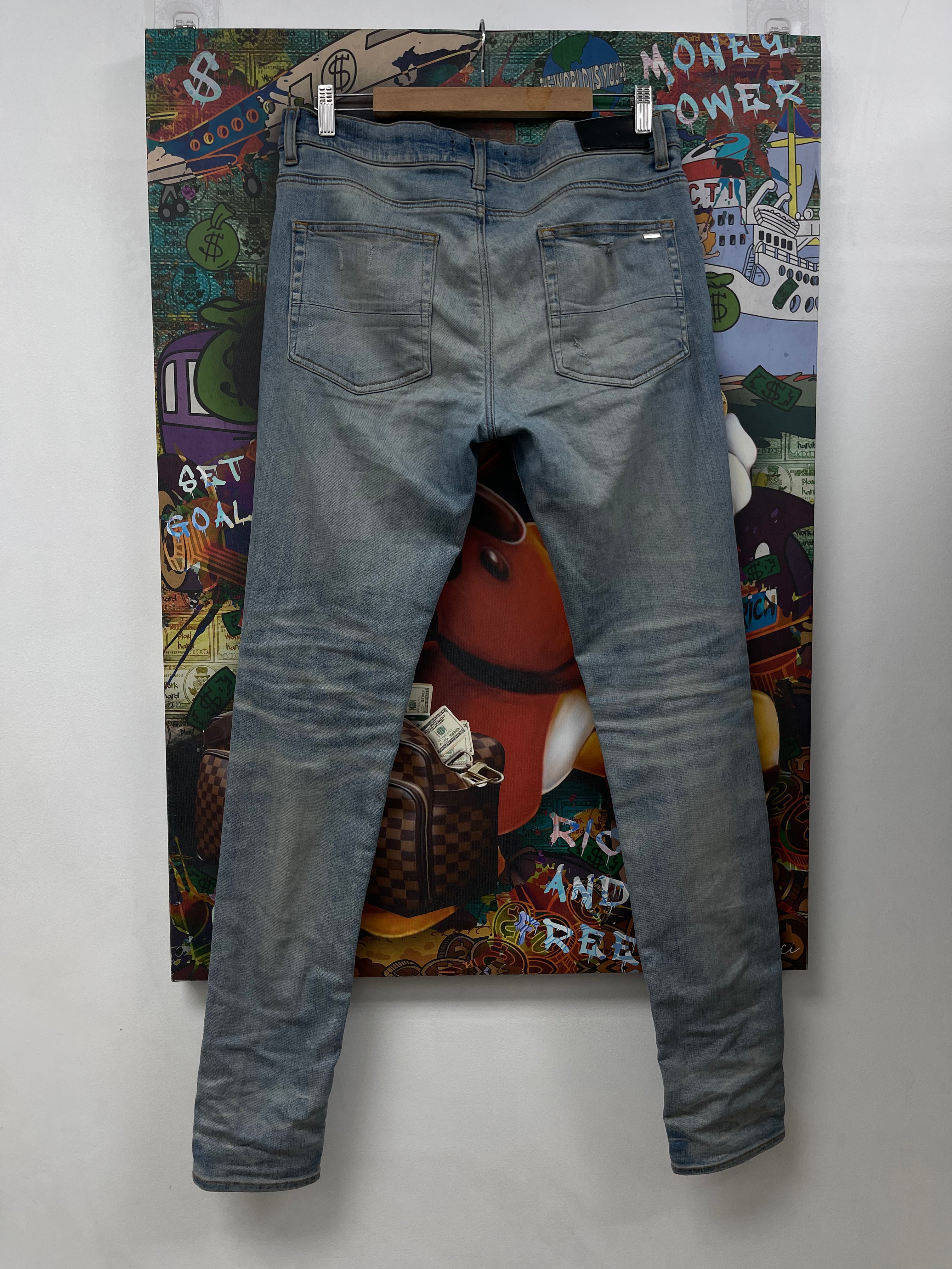 Amiri MX1 Light Wash Navy Red Plaid Patch Jeans