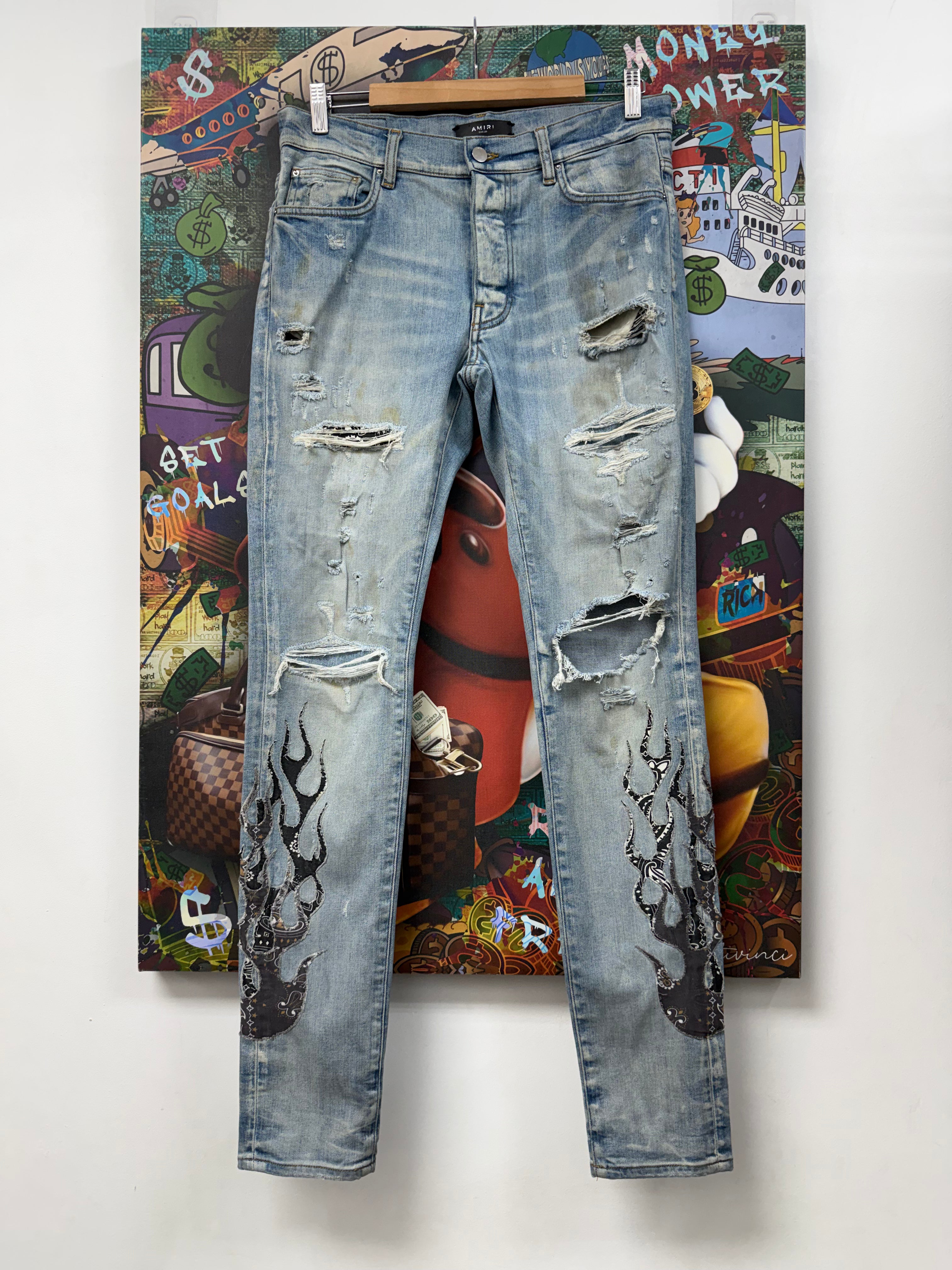 Amiri Light Wash Paisley Flames Jeans