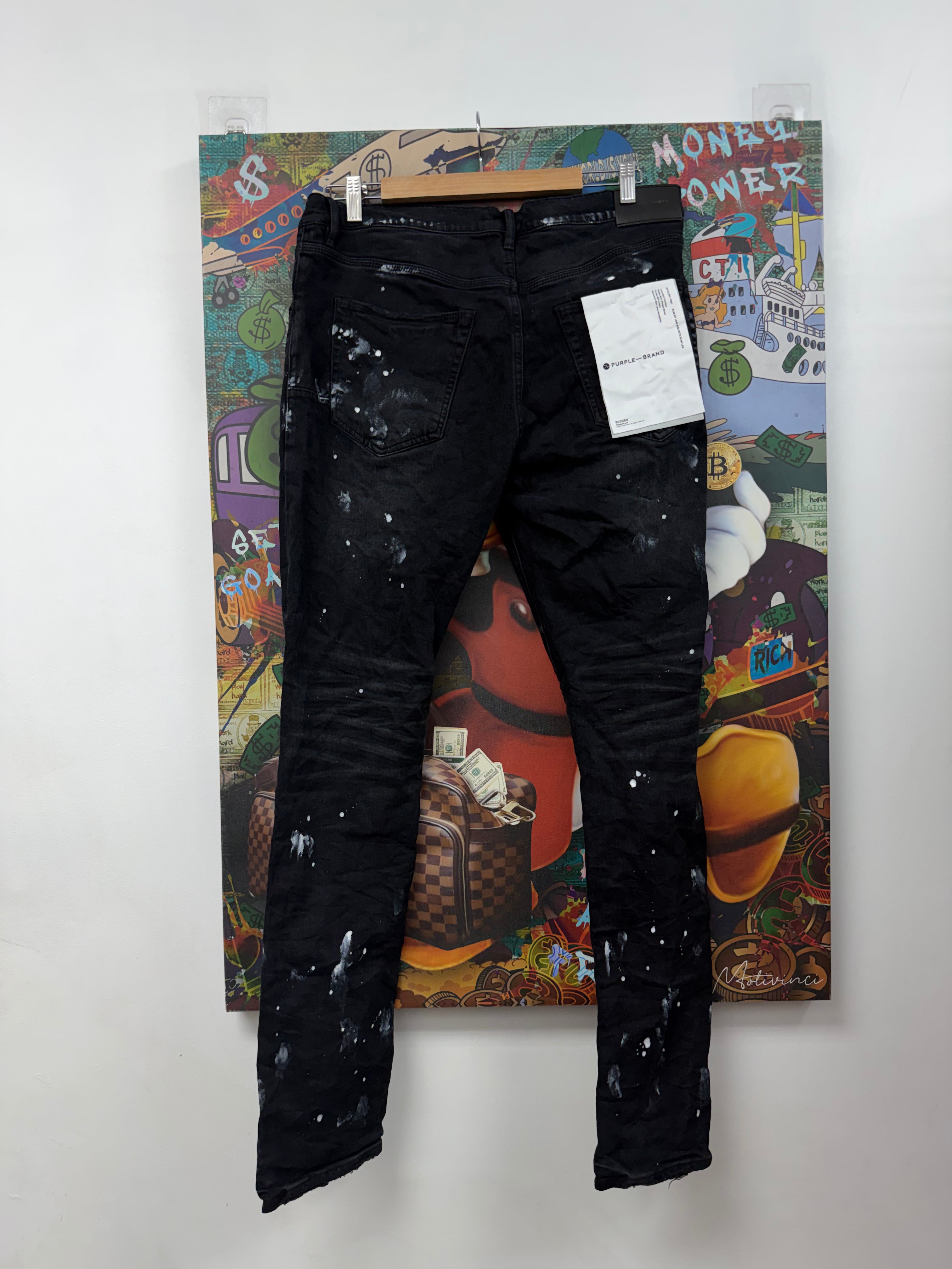 Purple Brand Black Wash White Splatter Knee Ripped Jeans