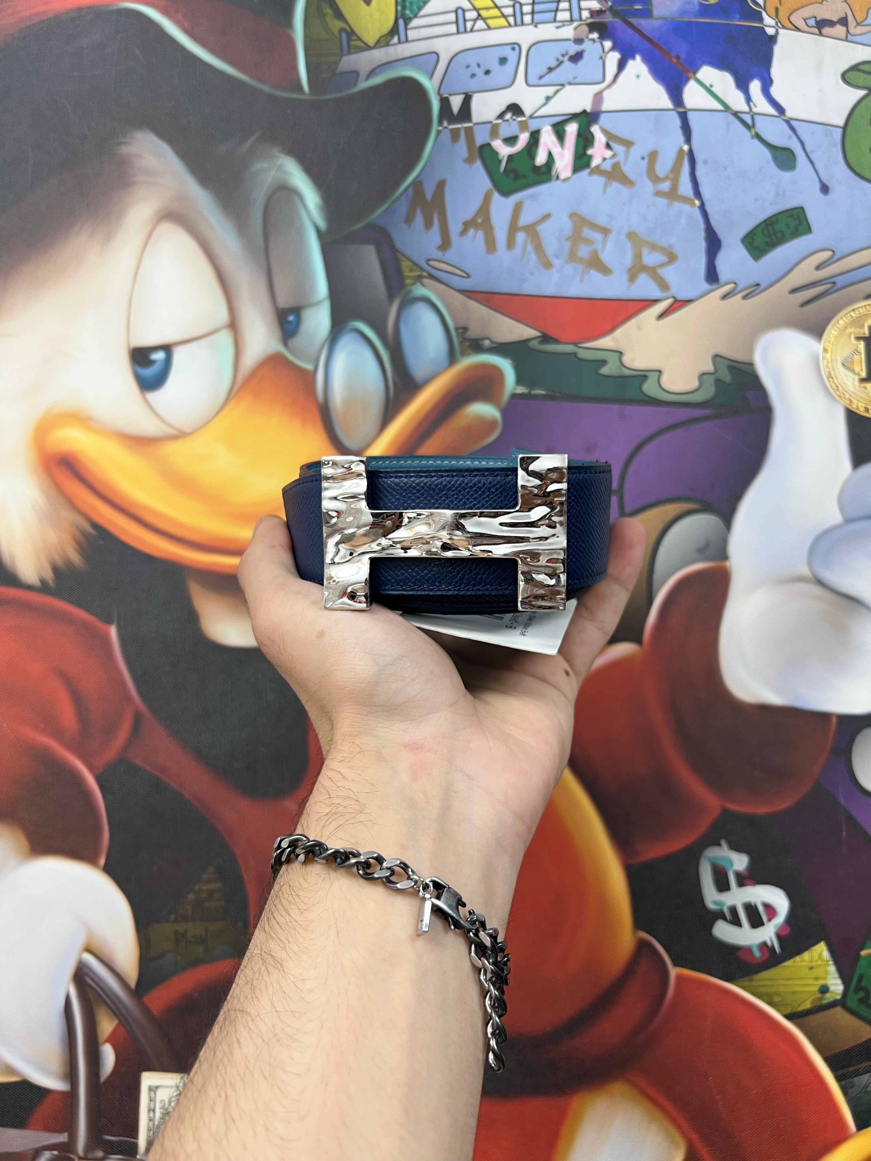 Hermes Navy & White Silver Wave Belt