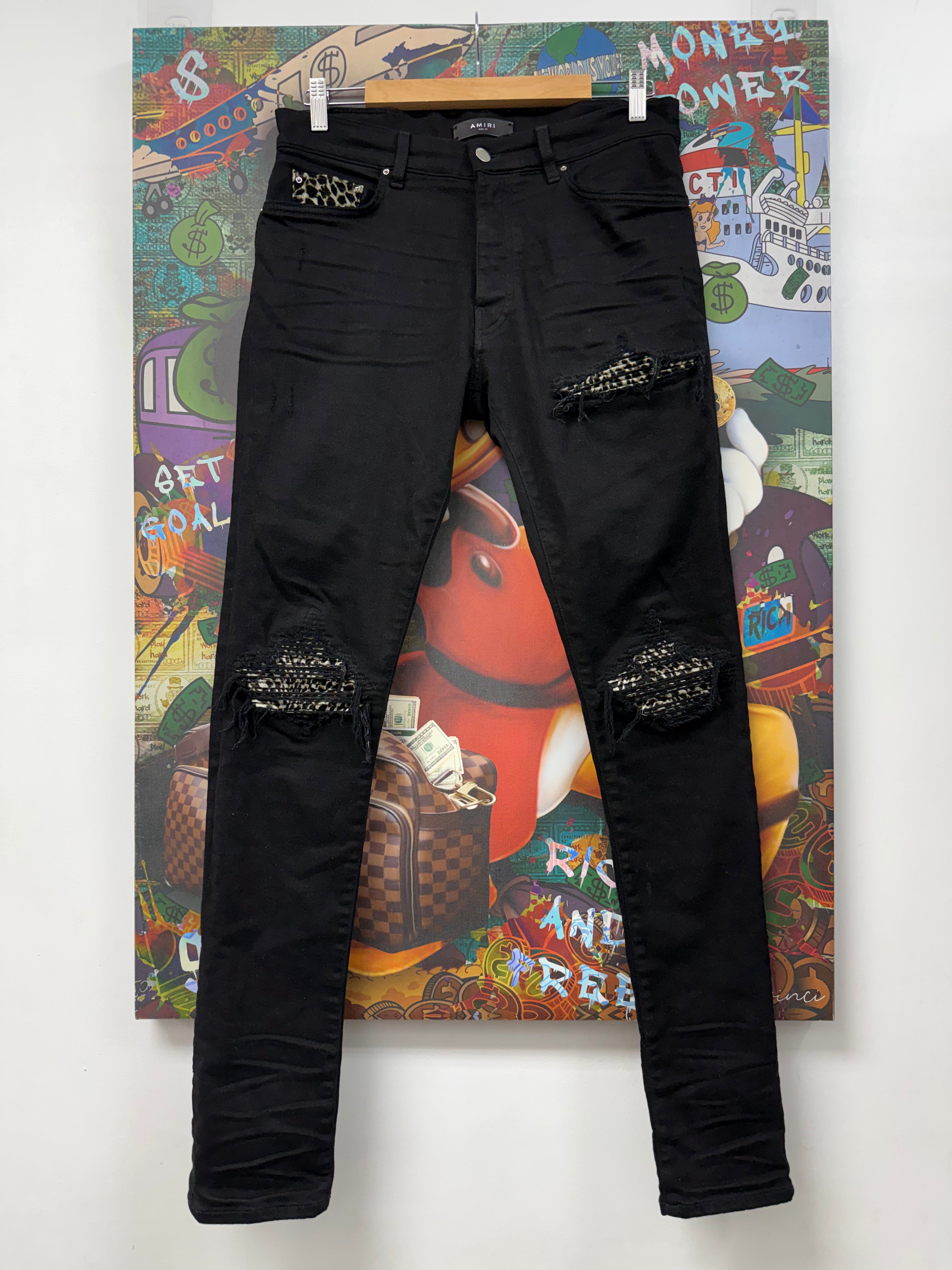 Amiri MX1 Black Leopard Patch Jeans