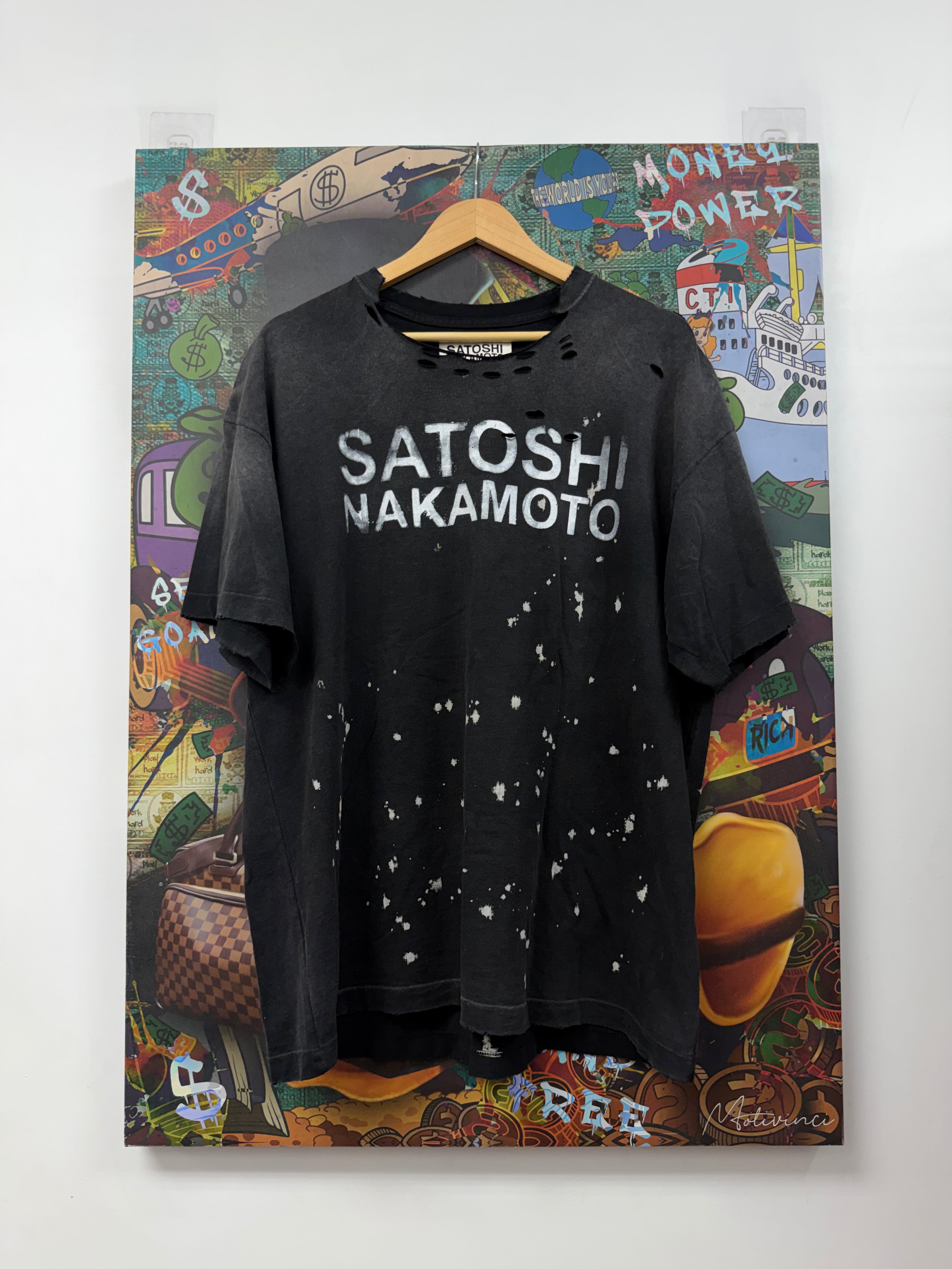Satoshi Nakamoto Black White Distressed Chest Logo Tee