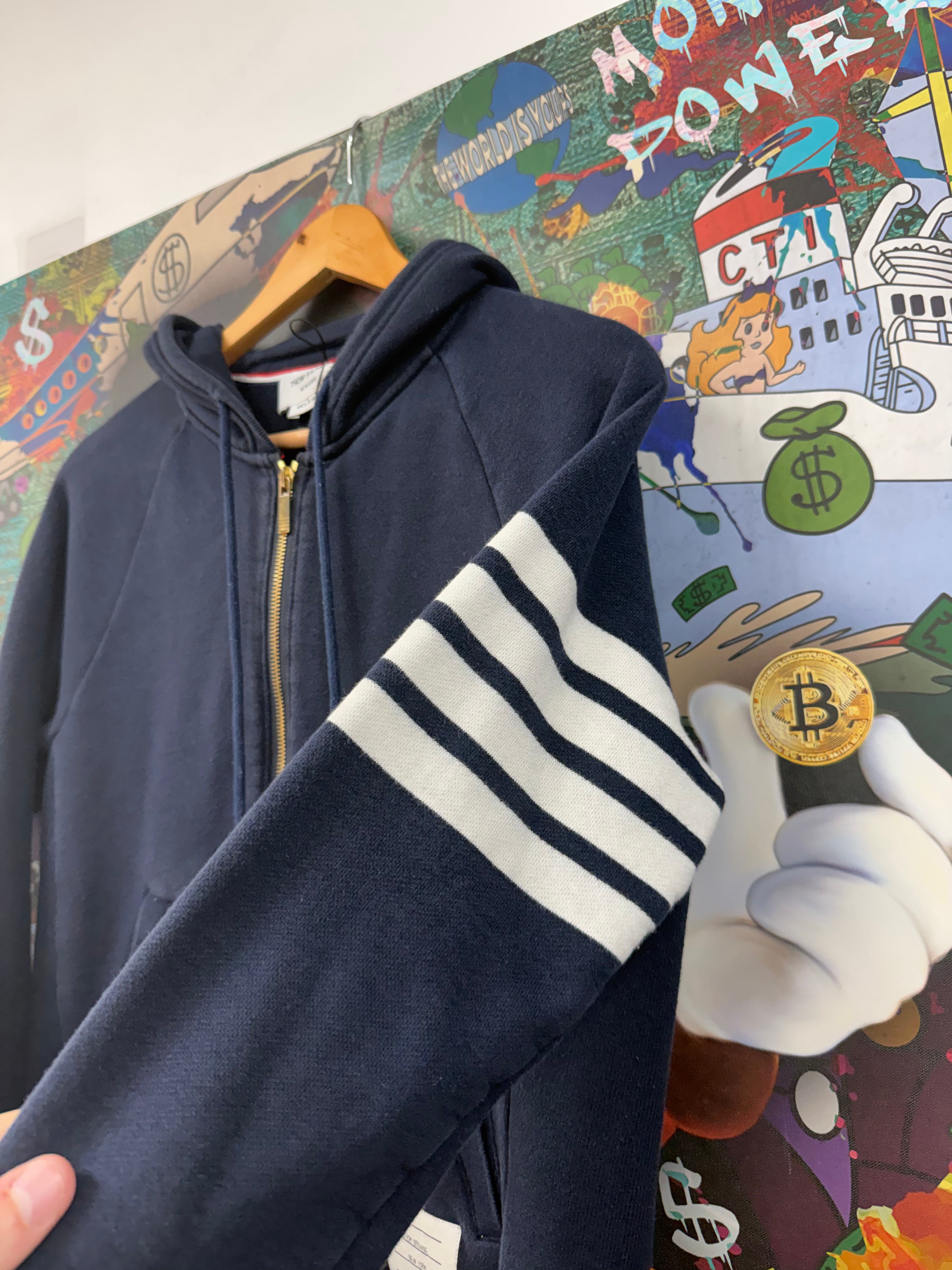 Thom Browne Navy White 3 Bar Zip Up