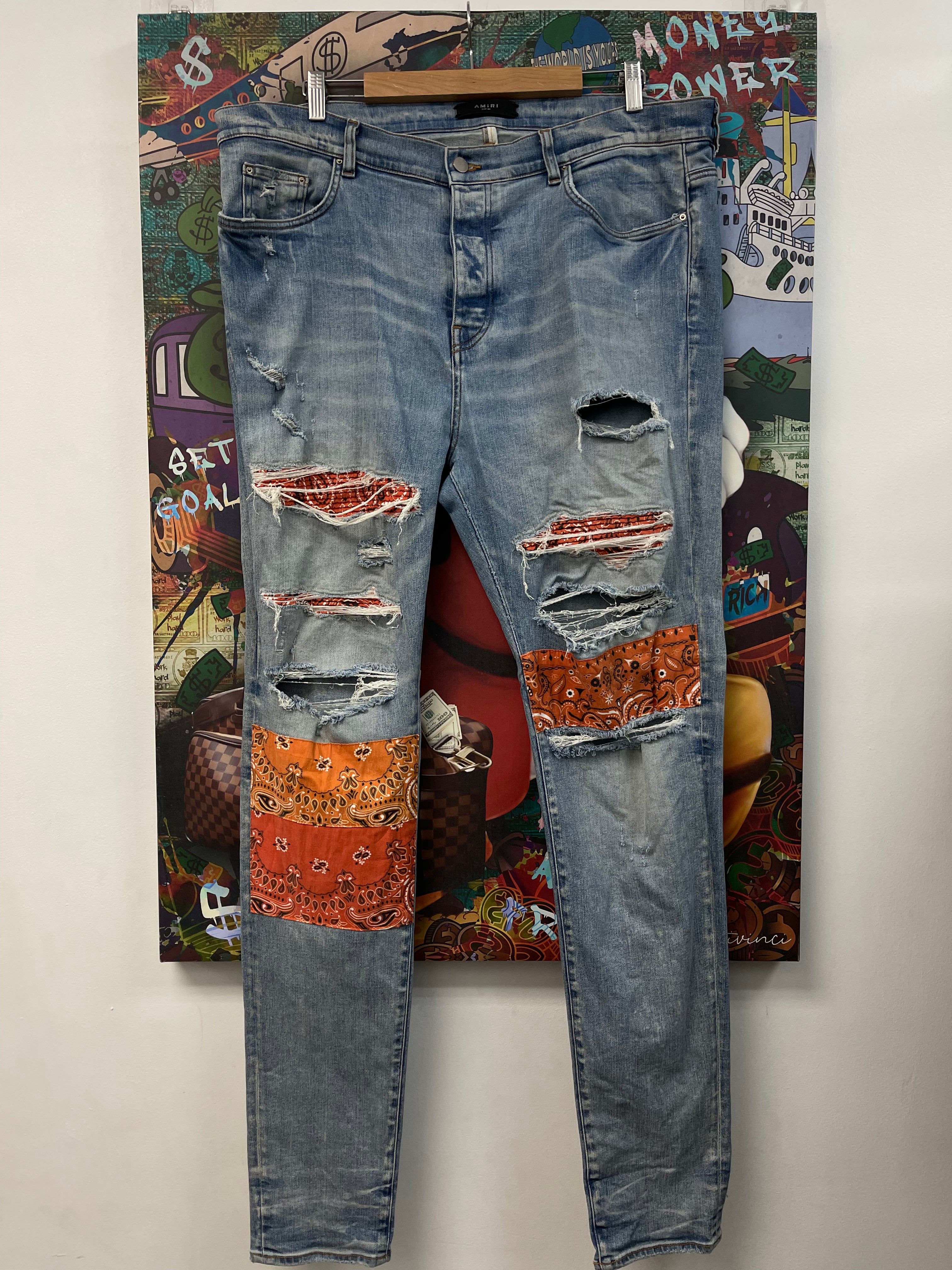 Amiri Light Wash Orange Paisley Patchwork Jeans