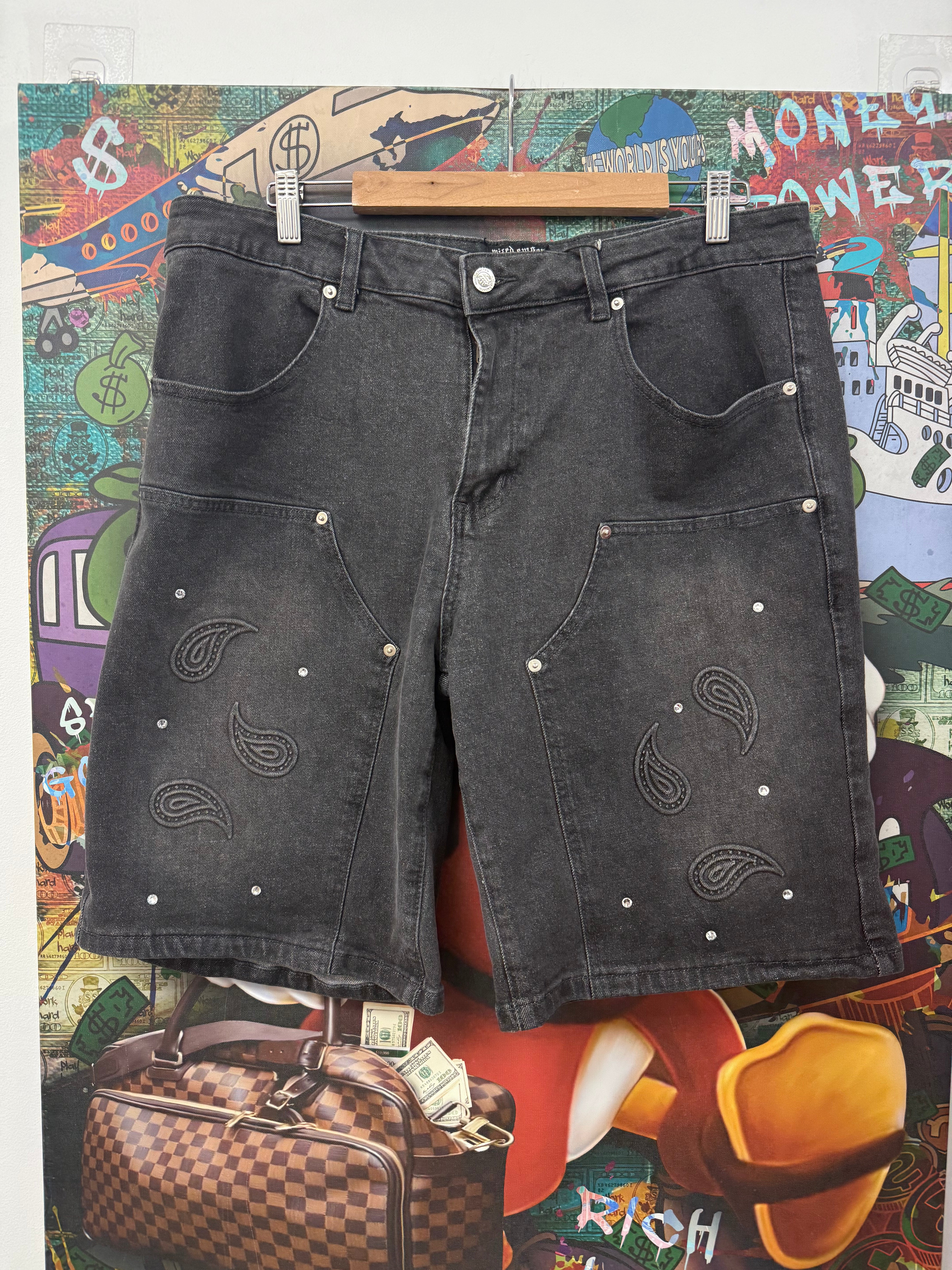 Mixed Emotions Grey Paisley Rhinestone Jean Shorts