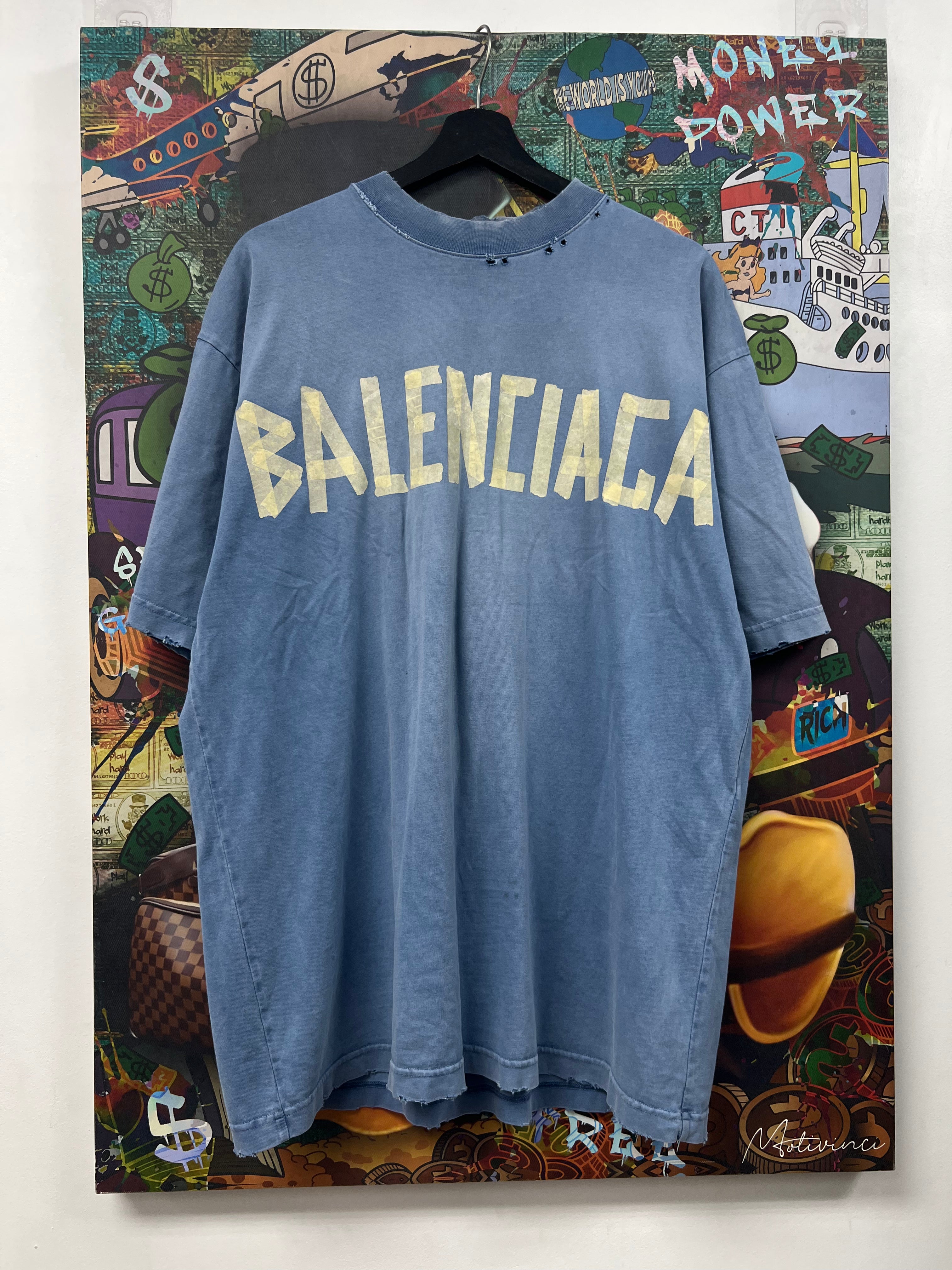 Balenciaga Blue Distressed Tape Tee