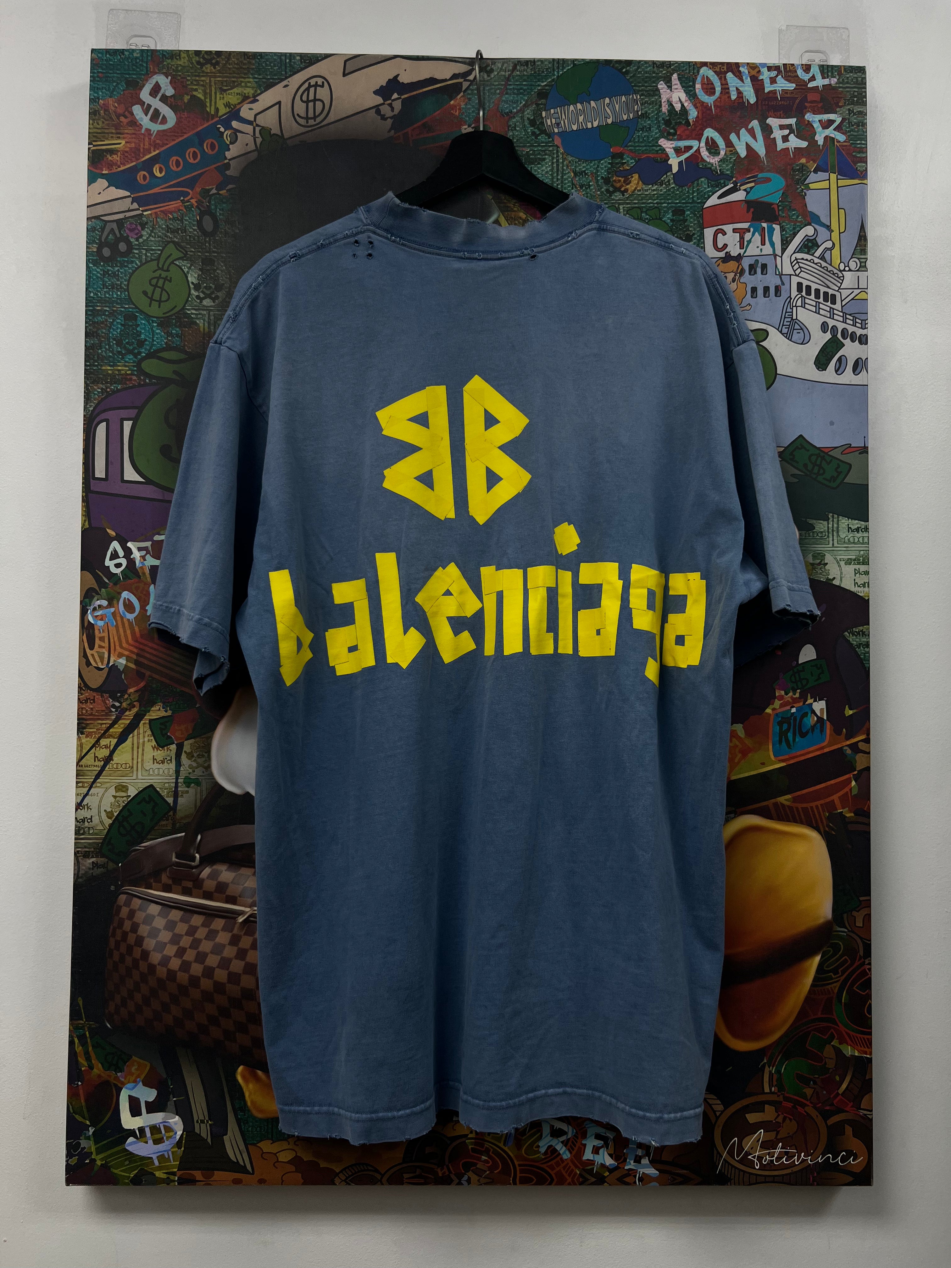 Balenciaga Blue Distressed Tape Tee