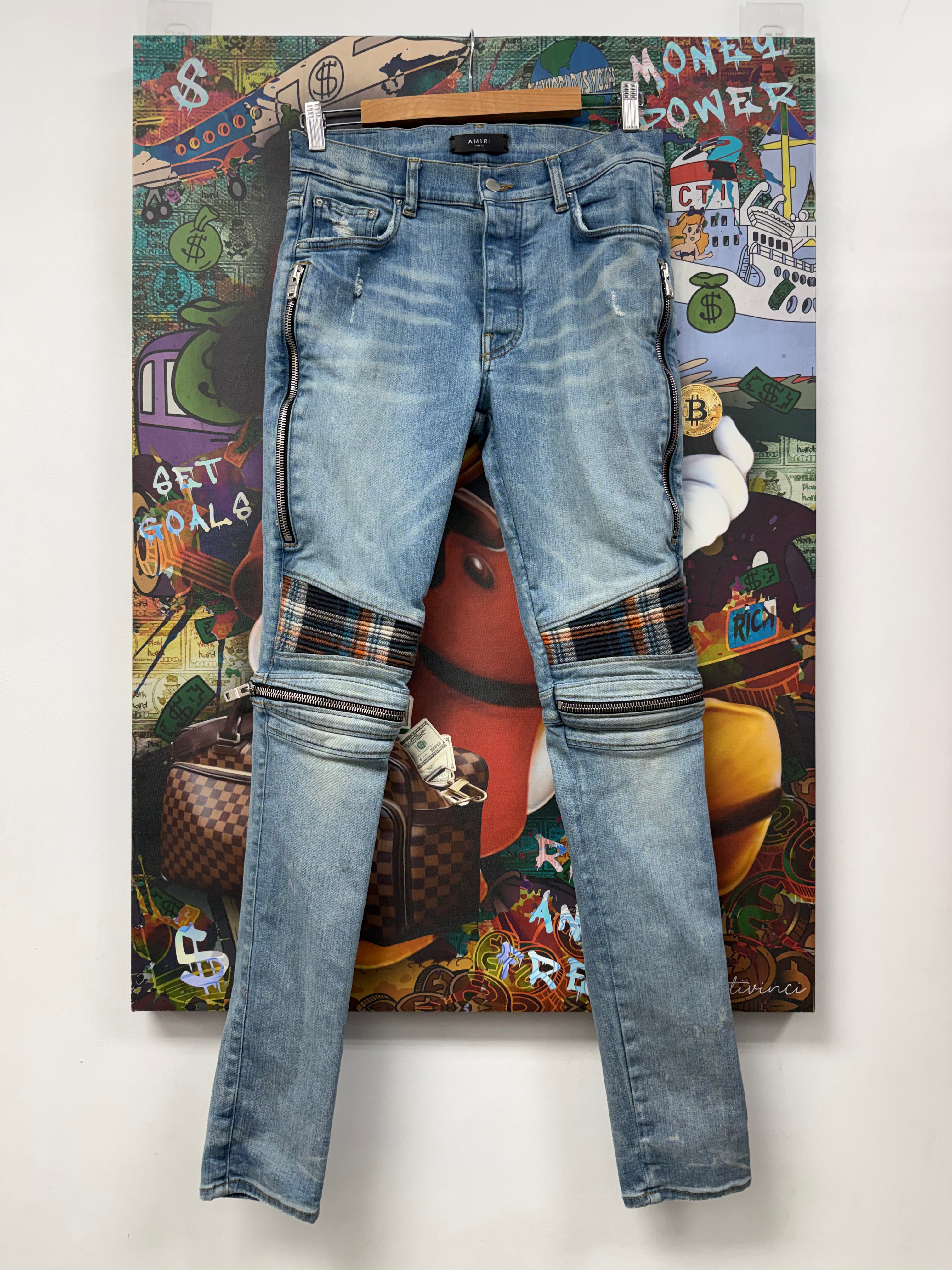 Amiri MX2 Light Wash Blue Orange Plaid Patch Jeans