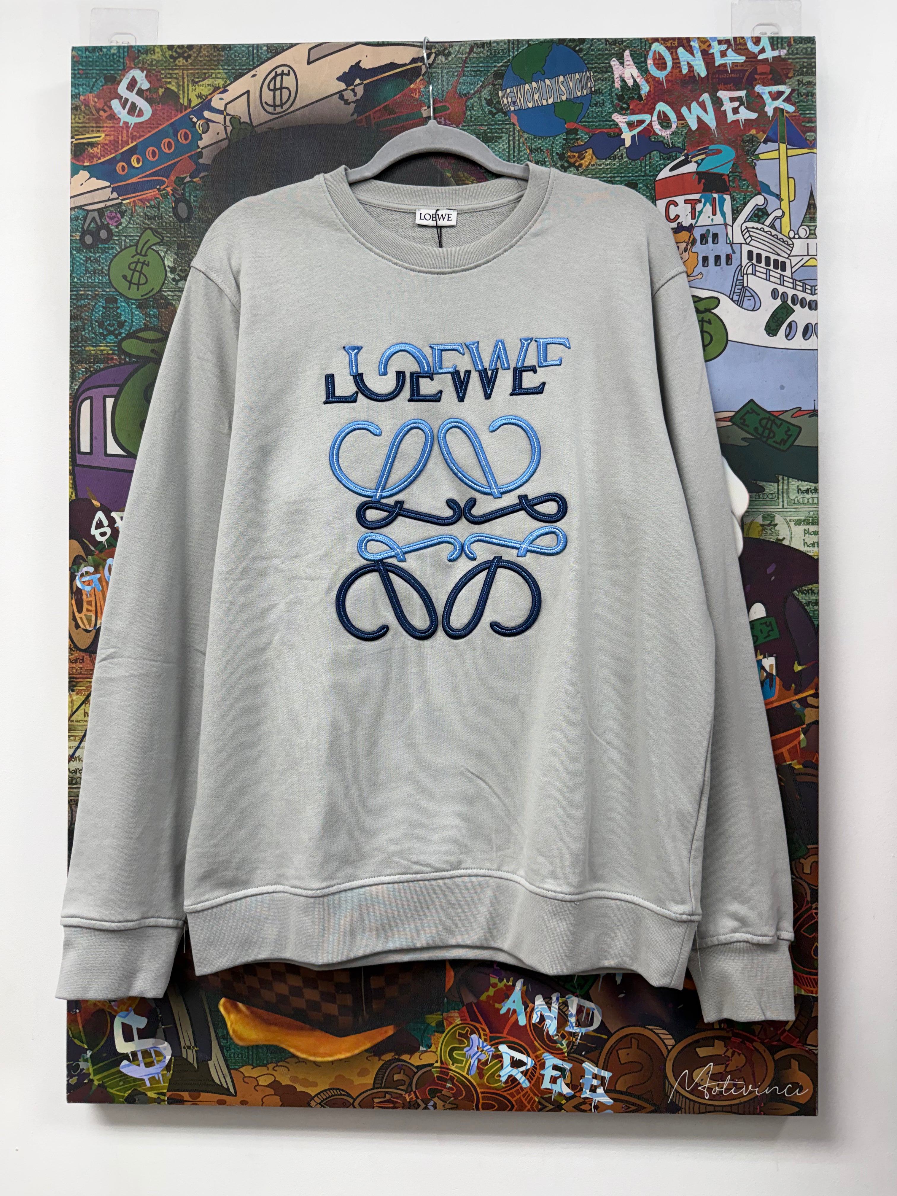 Loewe Grey Embroidered Blue Anagram Logo Crewneck
