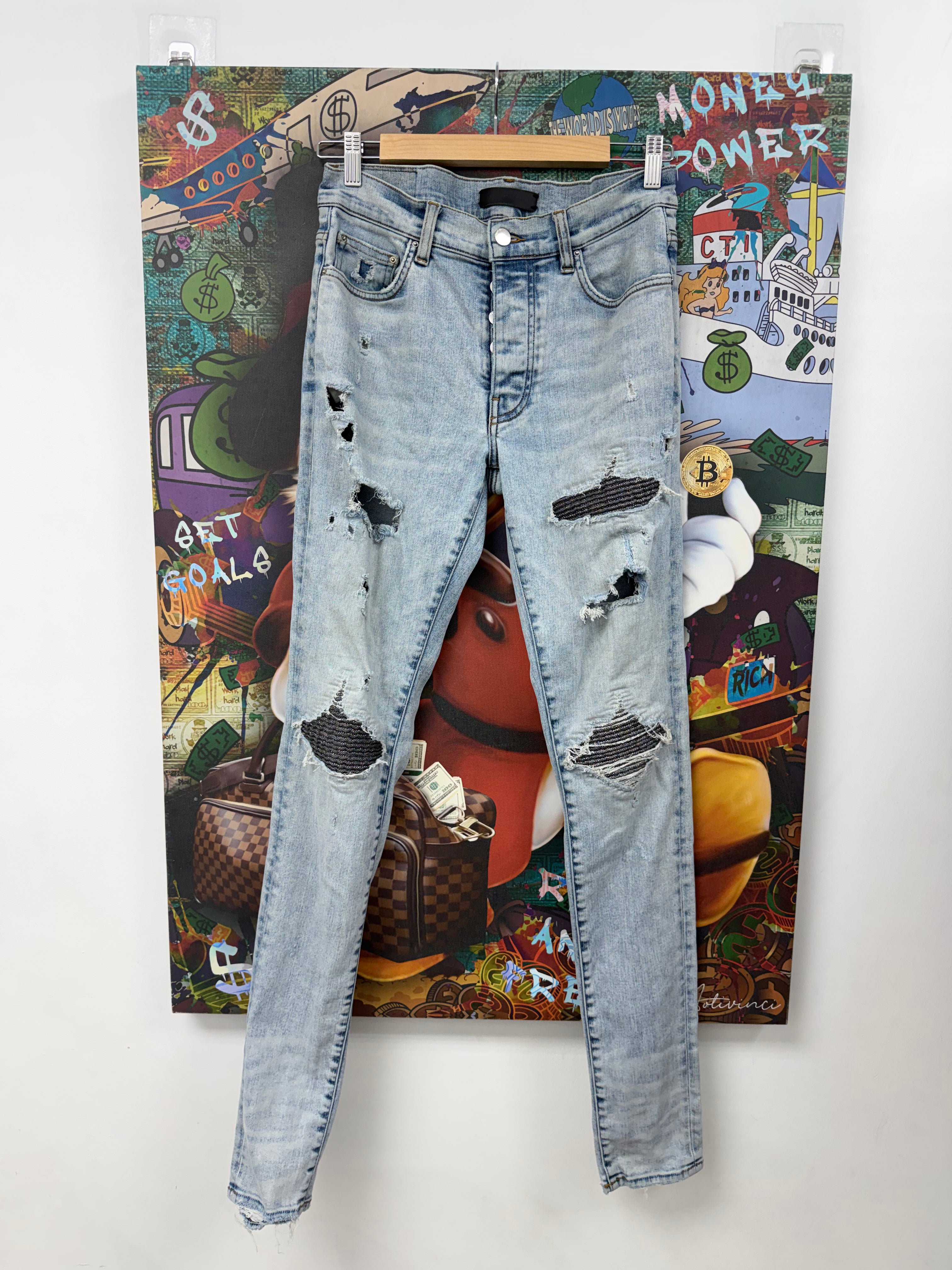 Amiri MX1 Light Wash Iridescent Patch Jeans