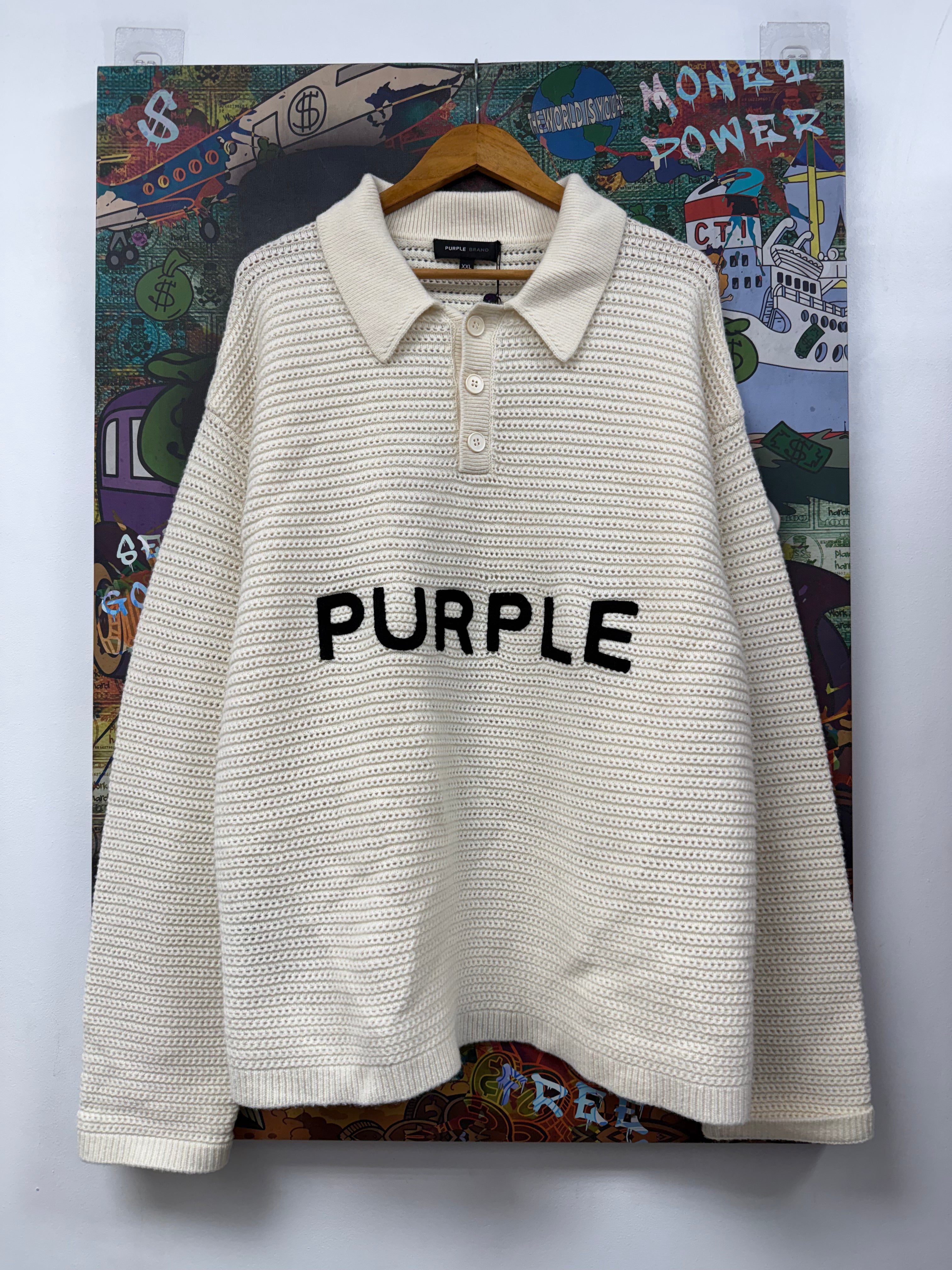 Purple Brand Cream Black Knitted Logo Crewneck