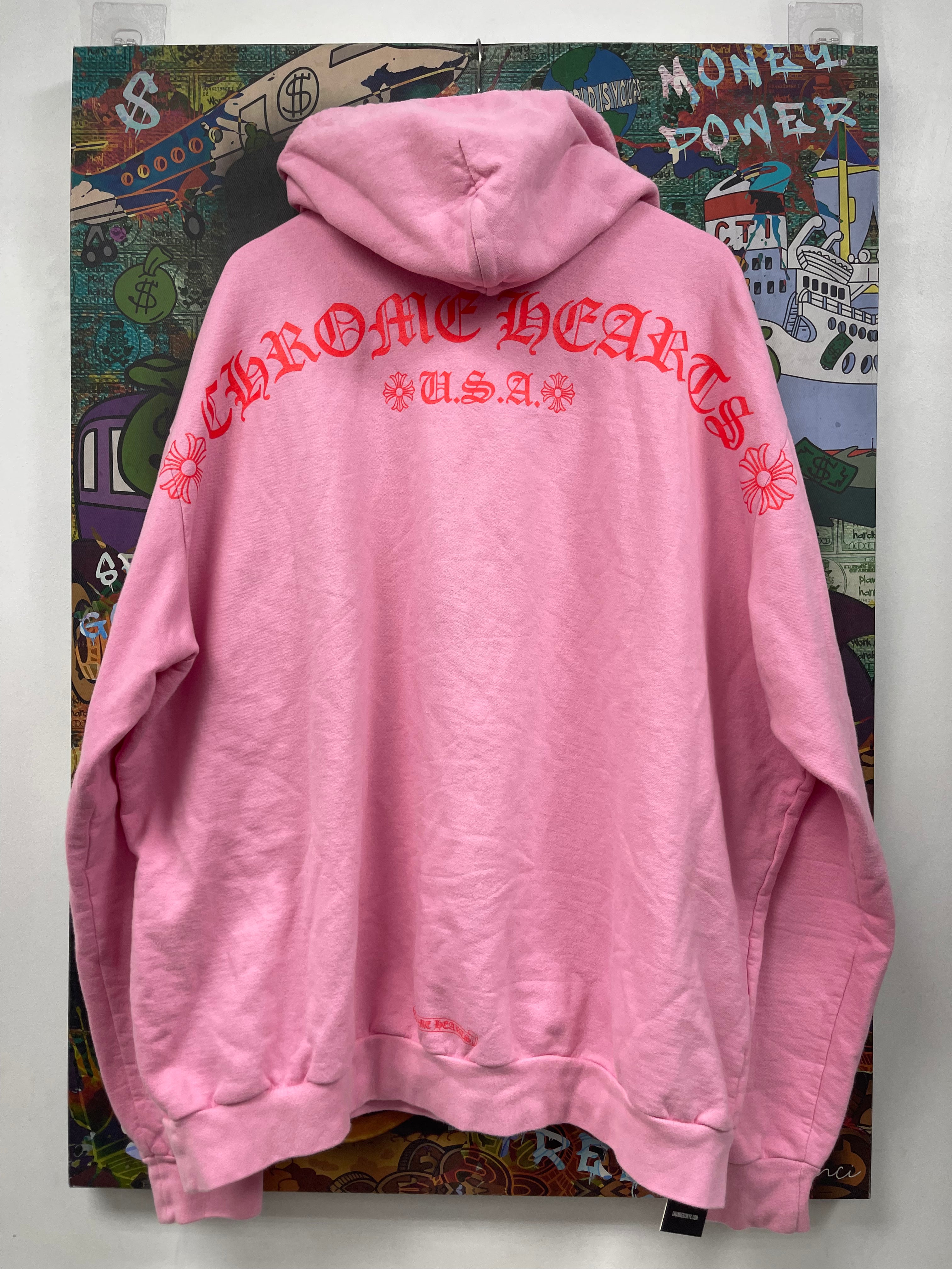 Chrome Hearts Pink Red T Bar Shoulder Logo Hoodie