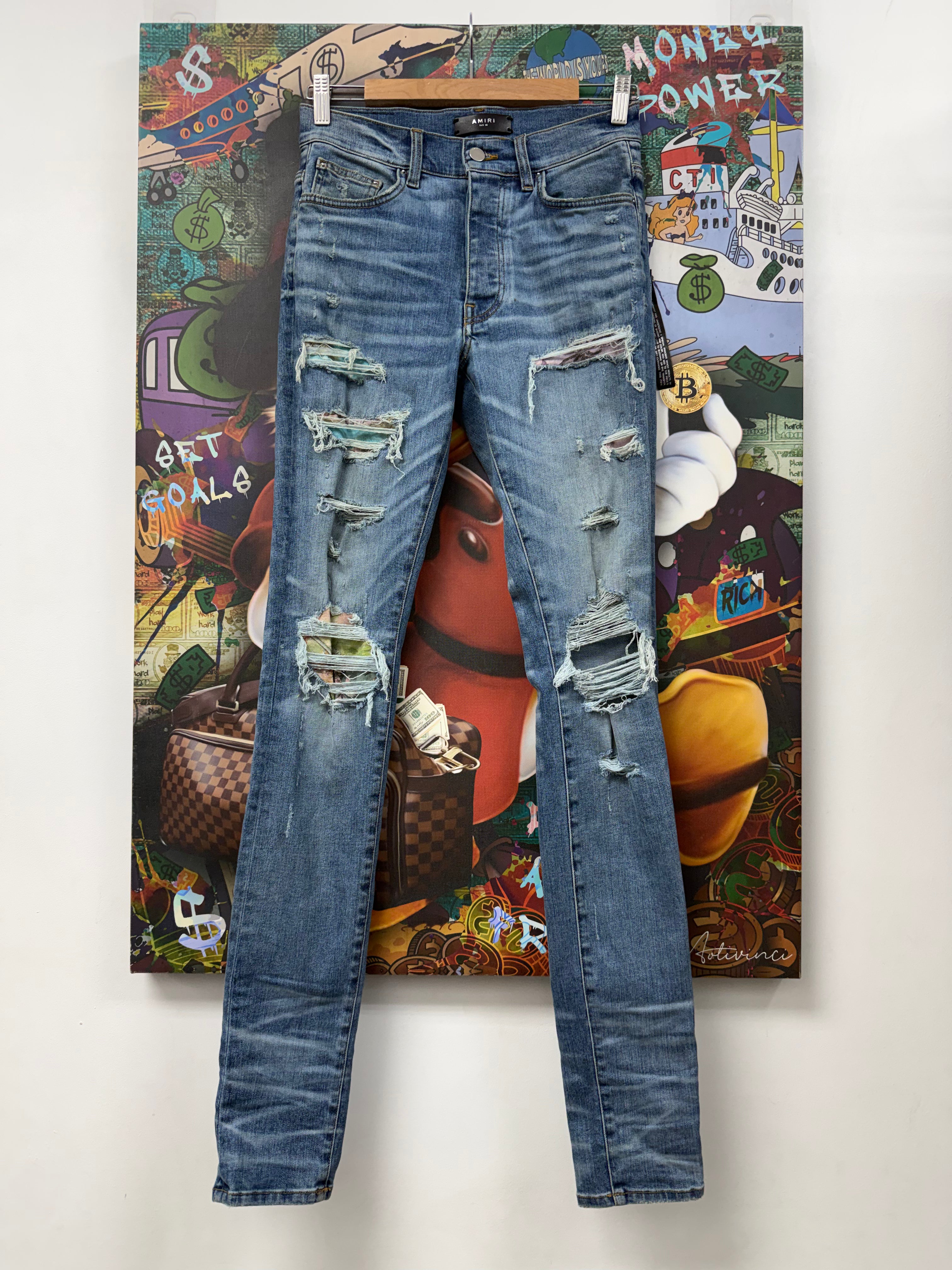 Amiri Light Wash Purple Palm Tree Patch Jeans
