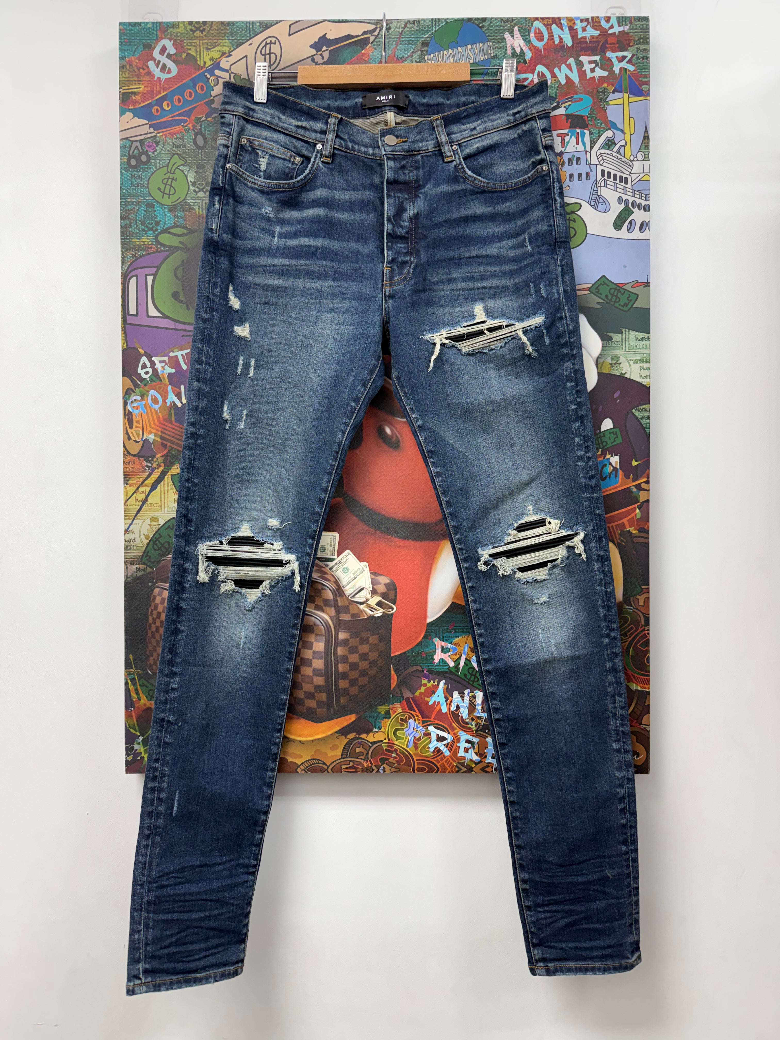 Amiri MX1 Deep Classic Black Leather Patch Jeans