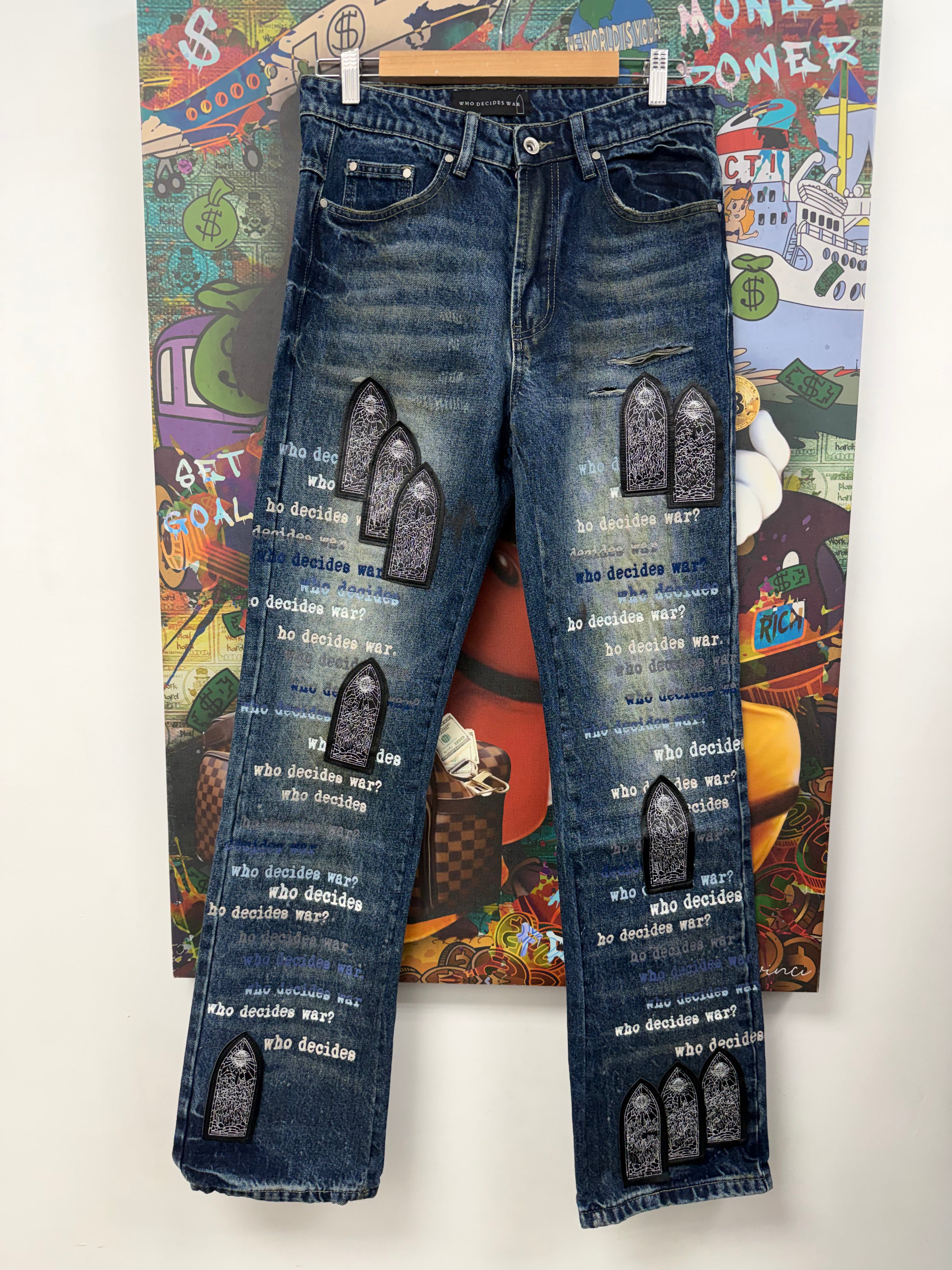 Who Decides War Dark Wash Patched Scripture Jeans