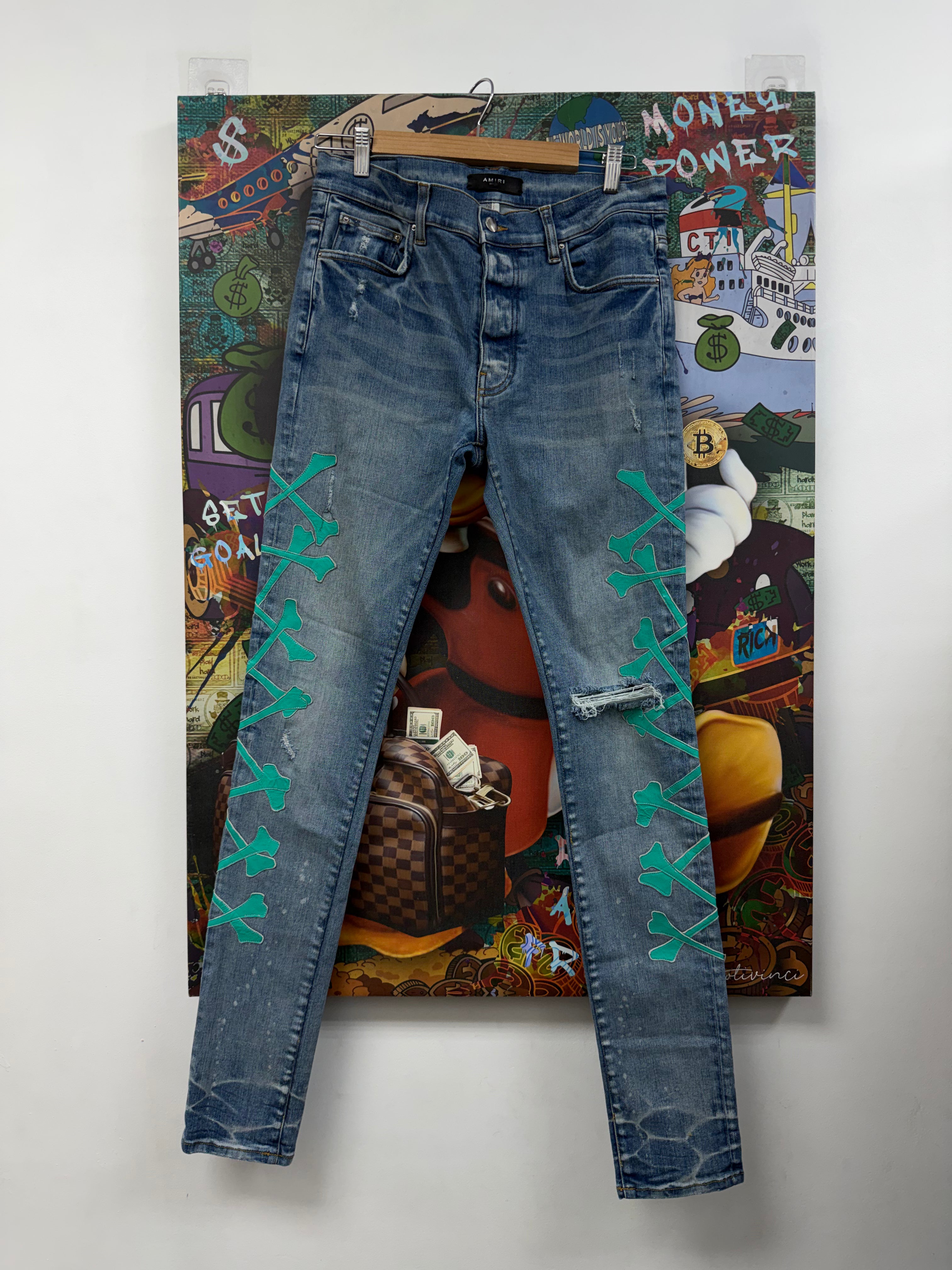 Amiri Light Wash Teal Bones Jeans