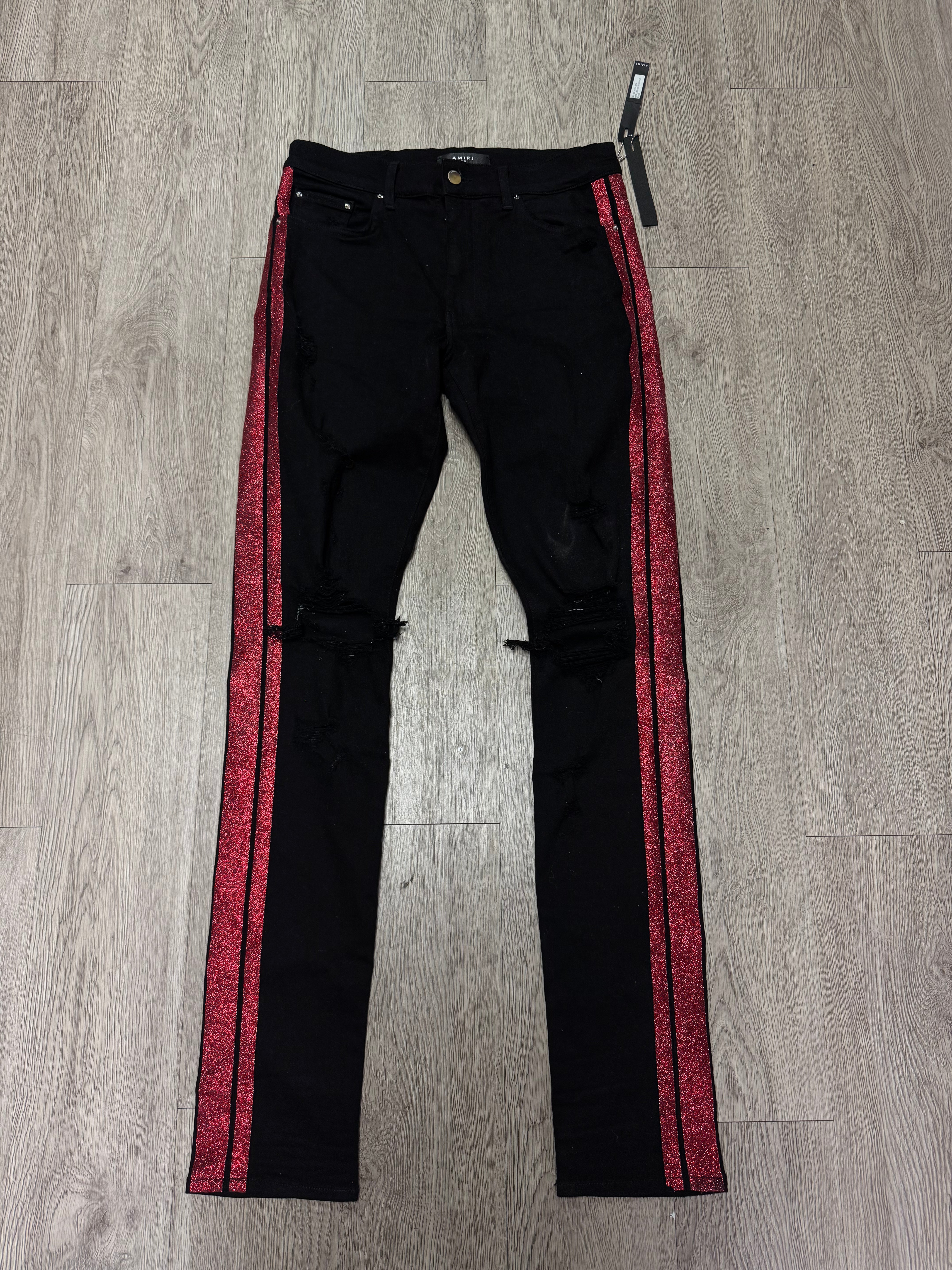 Amiri Black Red Glitter Stripe Jeans