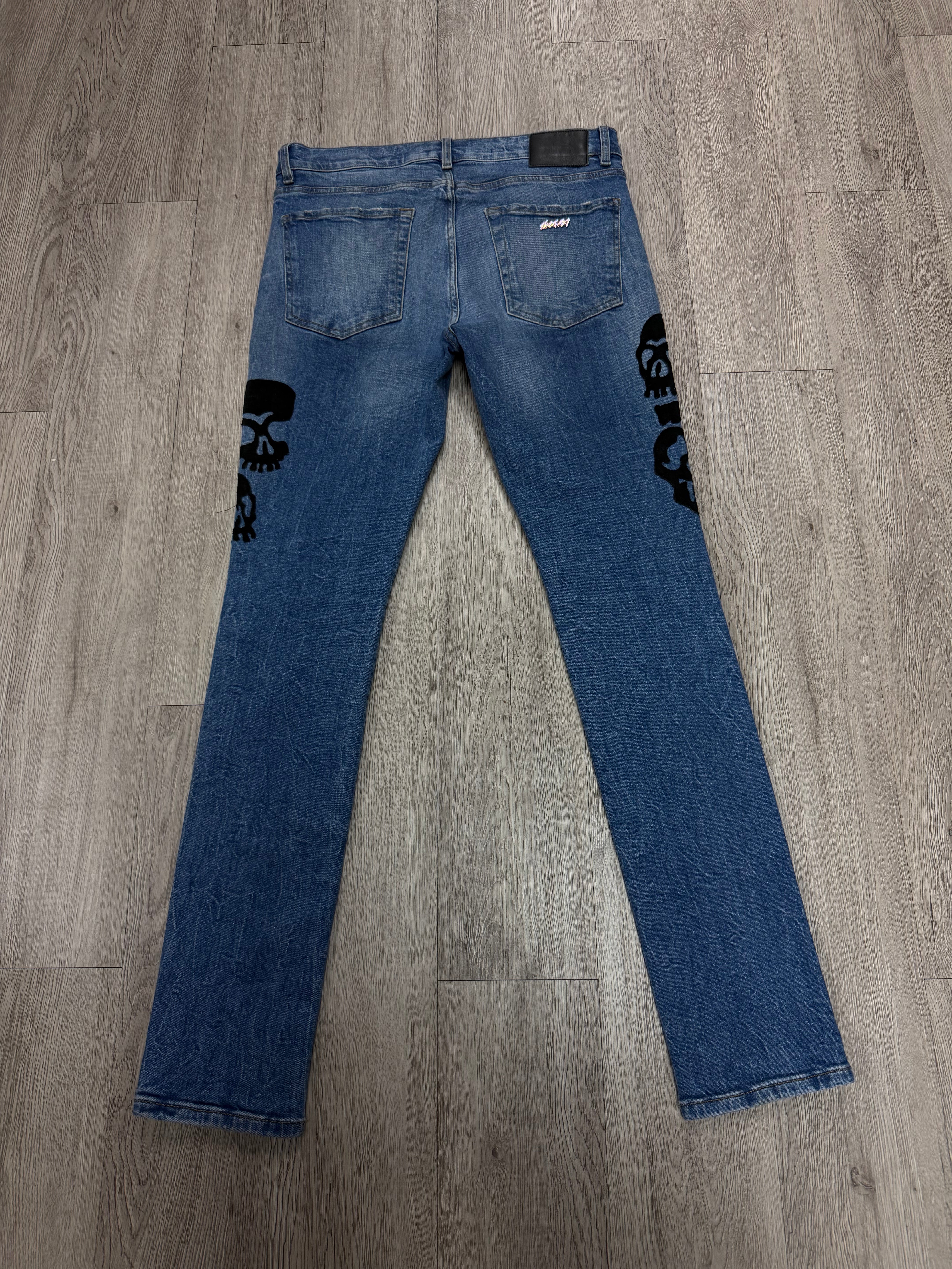 Bossi Light Wash Black Skull Patchwork Jeans