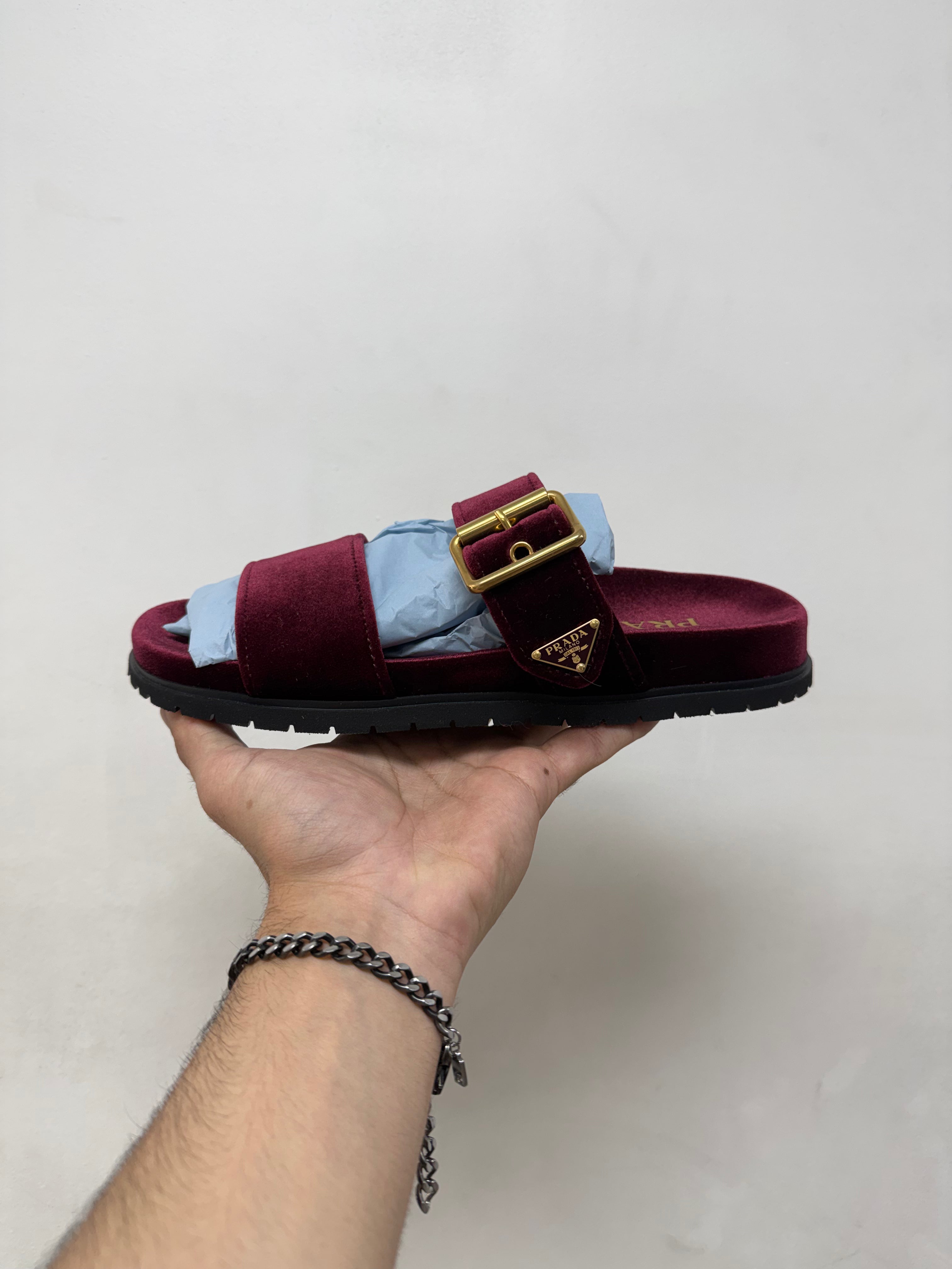 Prada Burgundy Velvet Plaq Slides