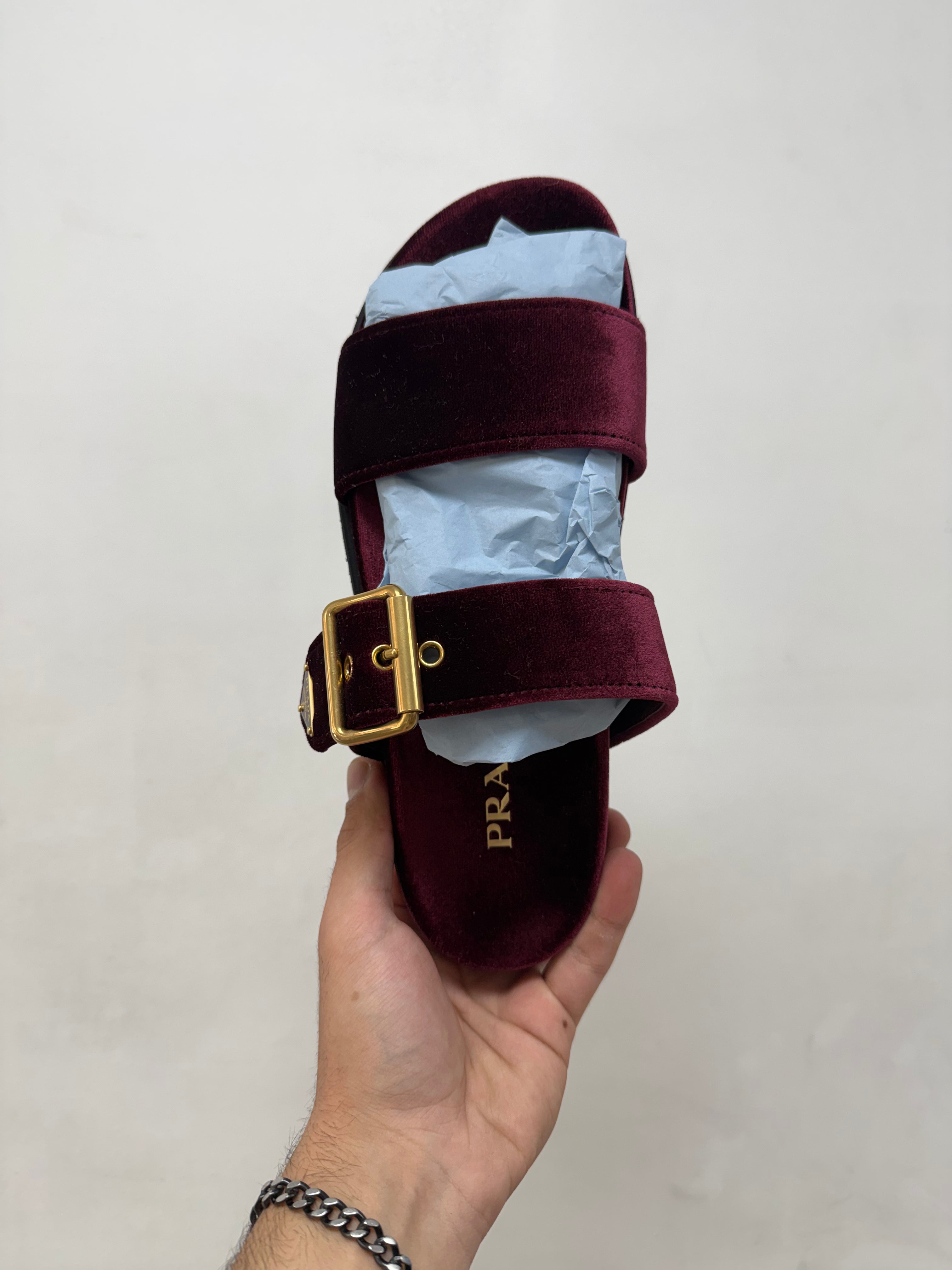 Prada Burgundy Velvet Plaq Slides