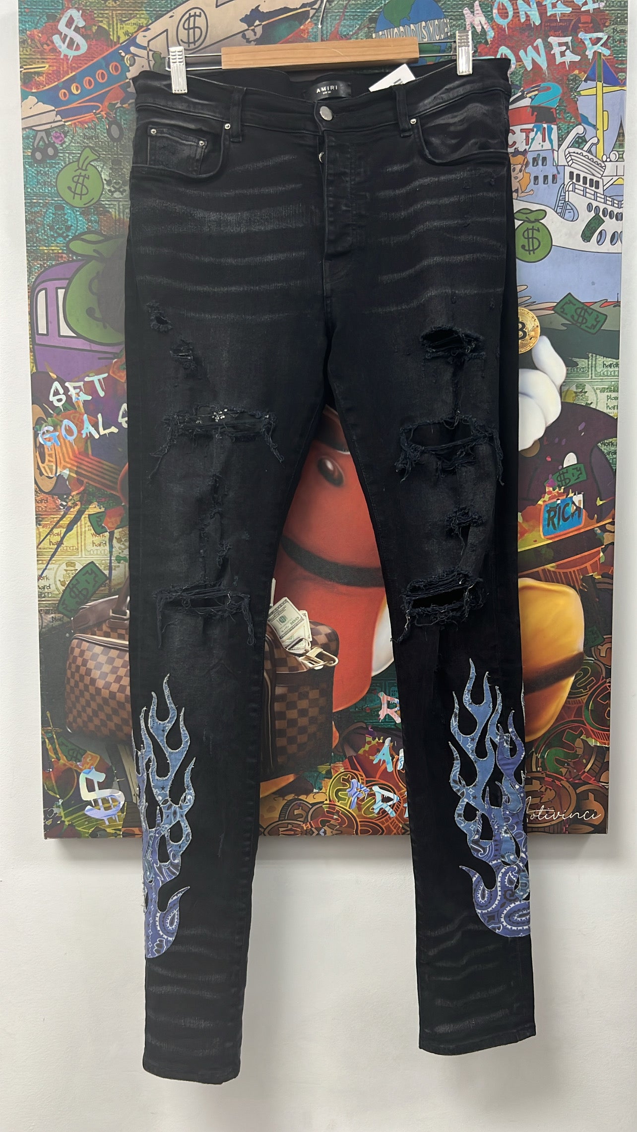 Amiri Black Wash Blue Paisley Flames Jeans