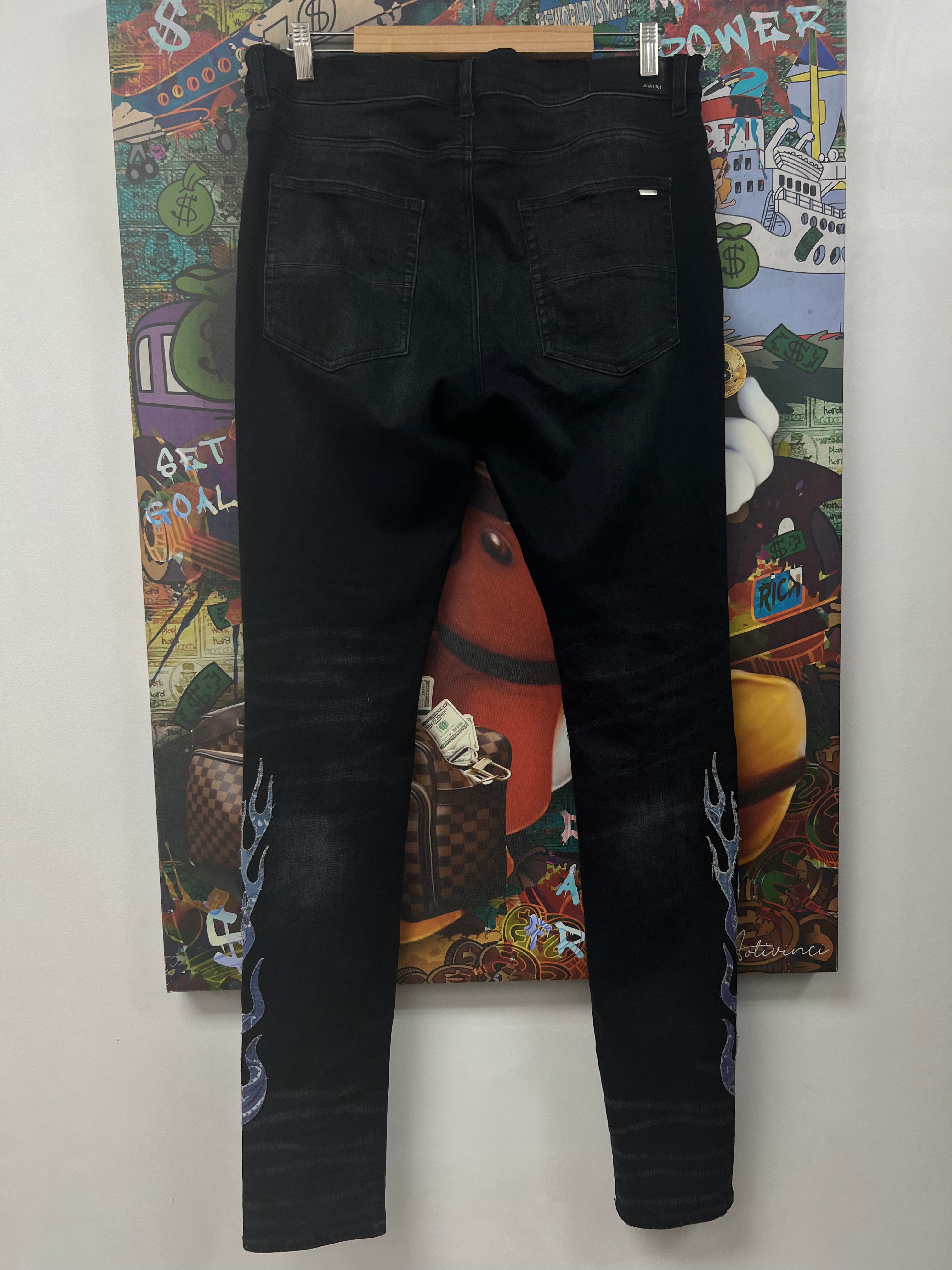 Amiri Black Wash Blue Paisley Flames Jeans