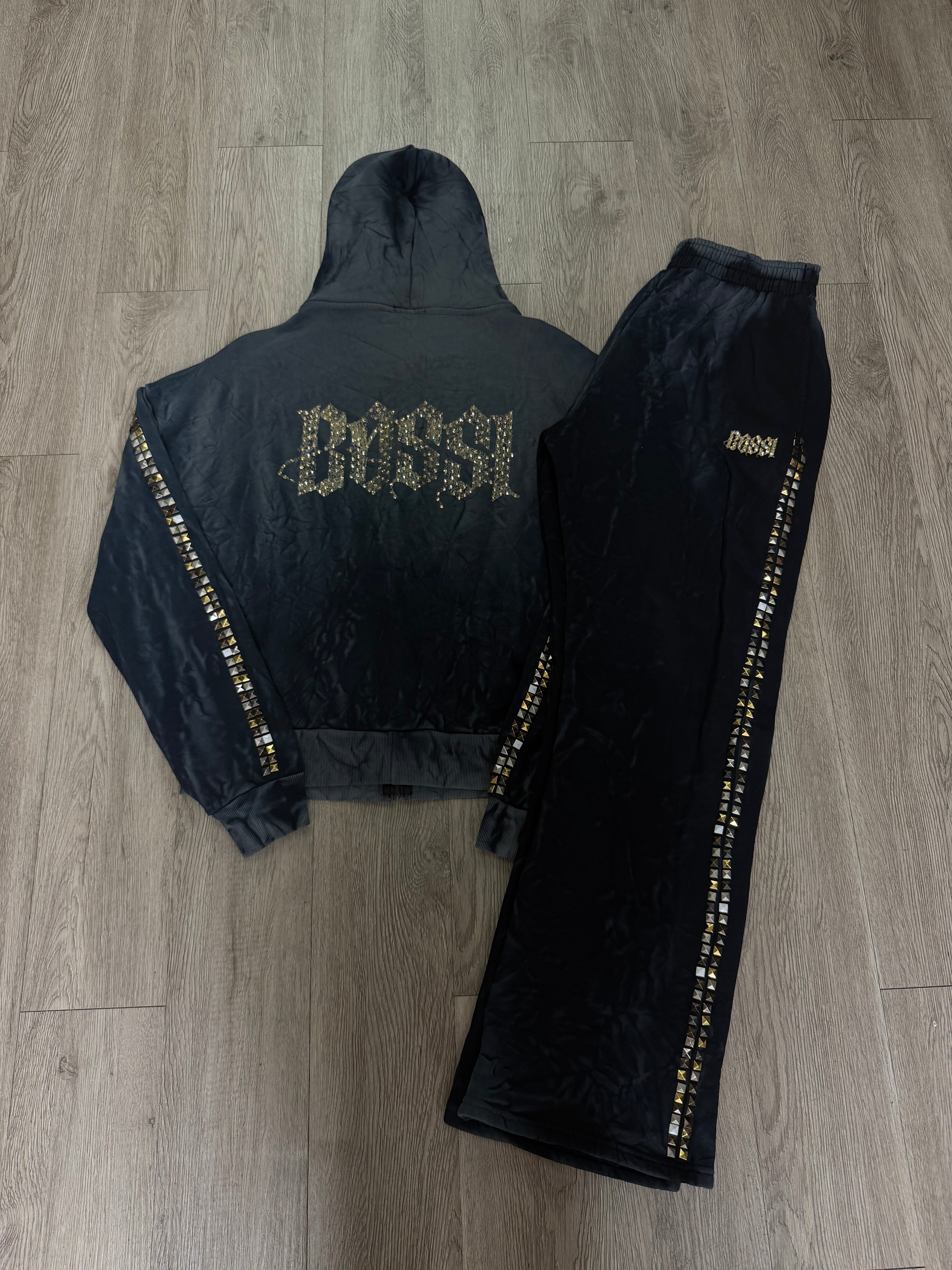 Bossi Grey Gold Acid Rhinestone Sweatsuit