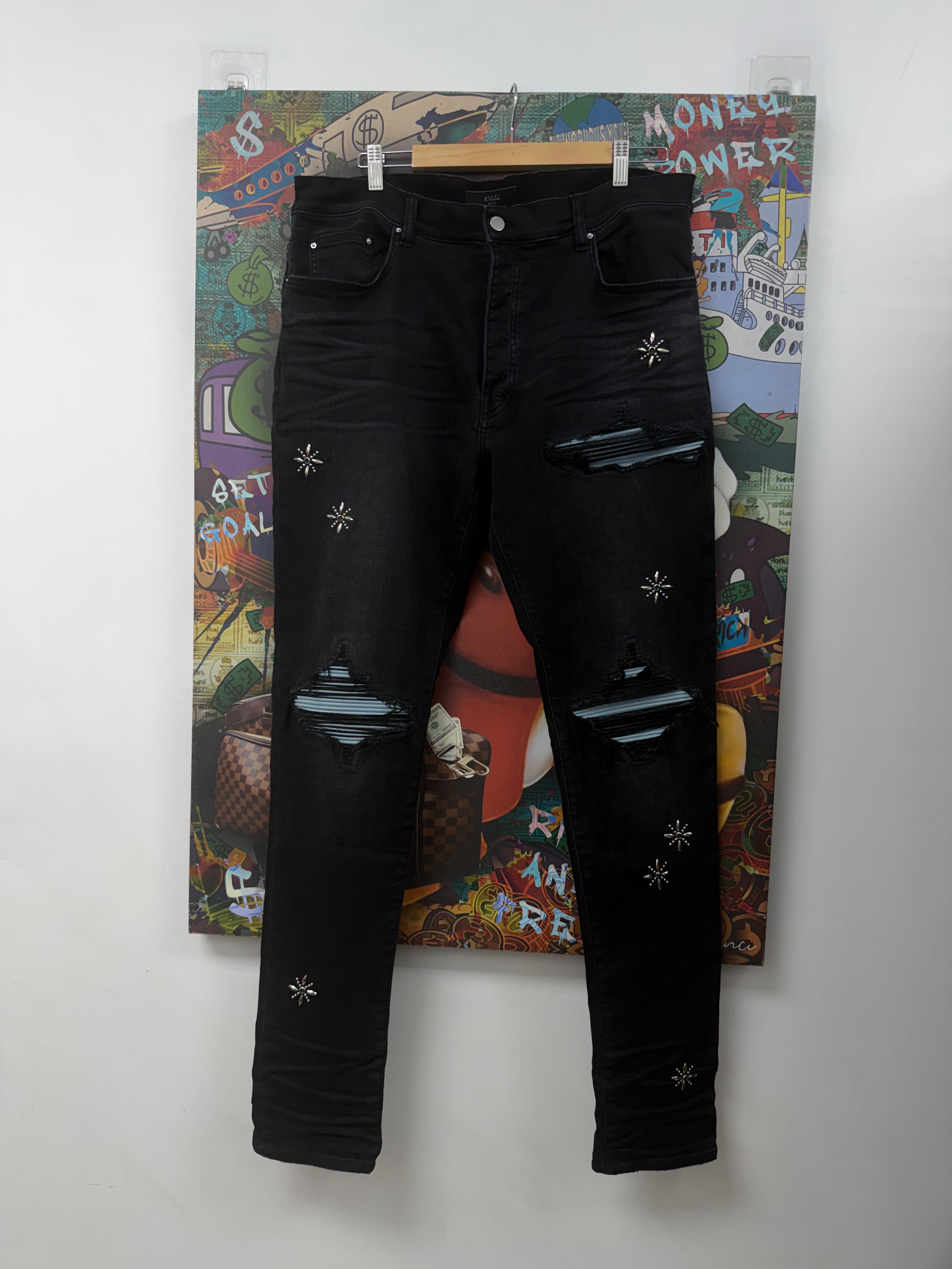 Amiri MX1 Black Wash Baby Blue Studded Jeans