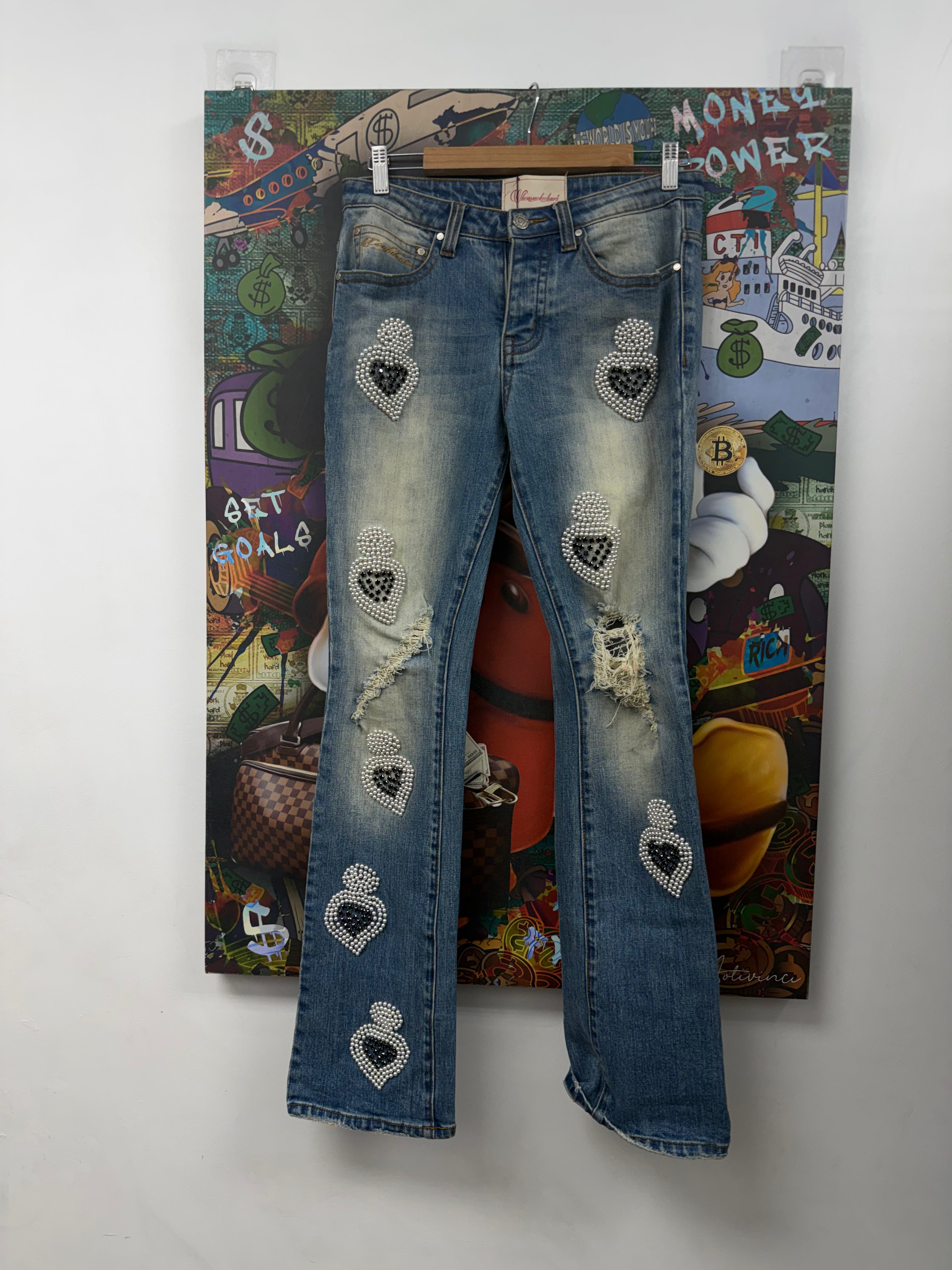 When Smoke Clears Vintage Wash White Hearts Jeans