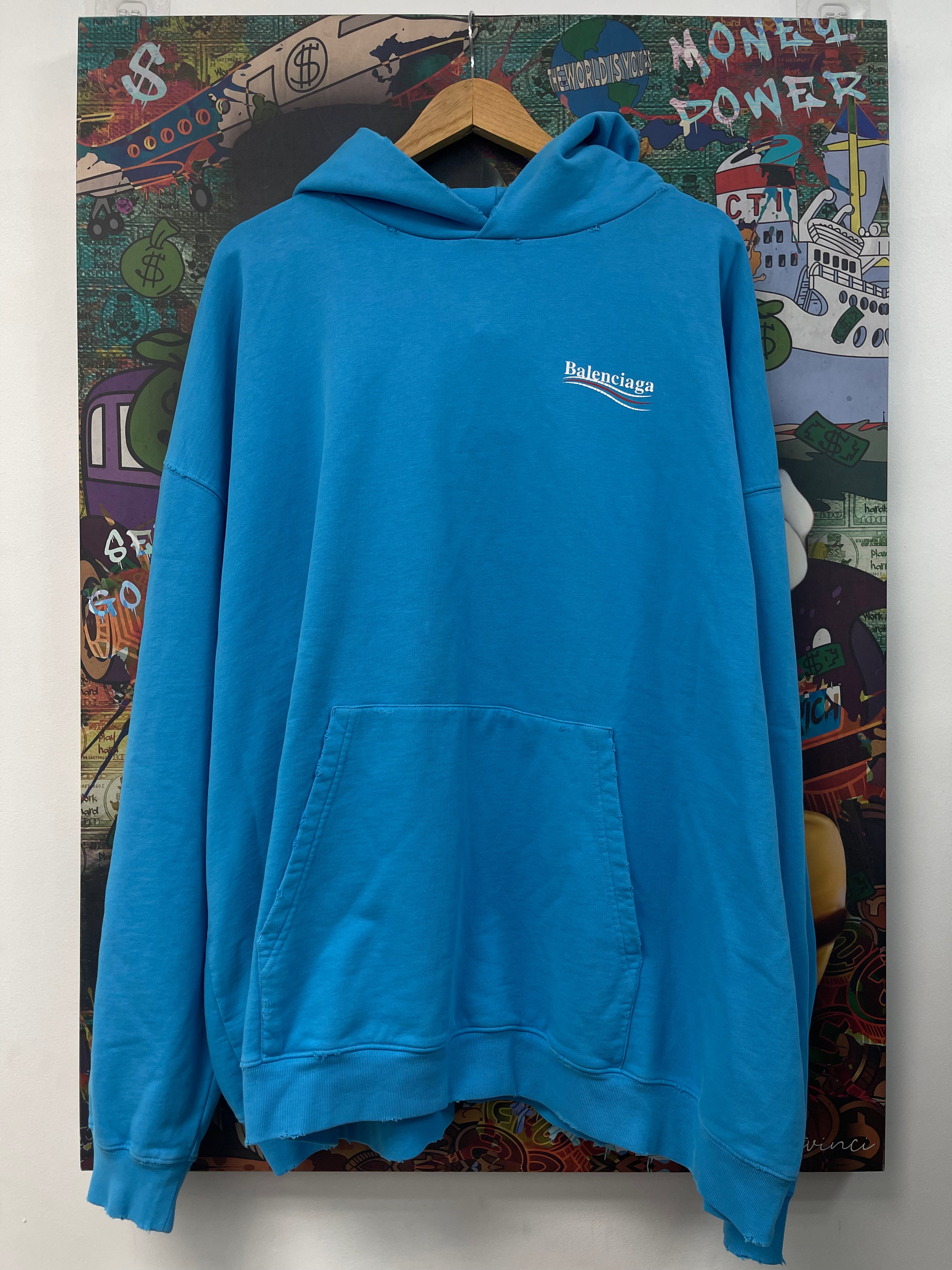Balenciaga Baby Blue Distressed Campaign Logo Hoodie