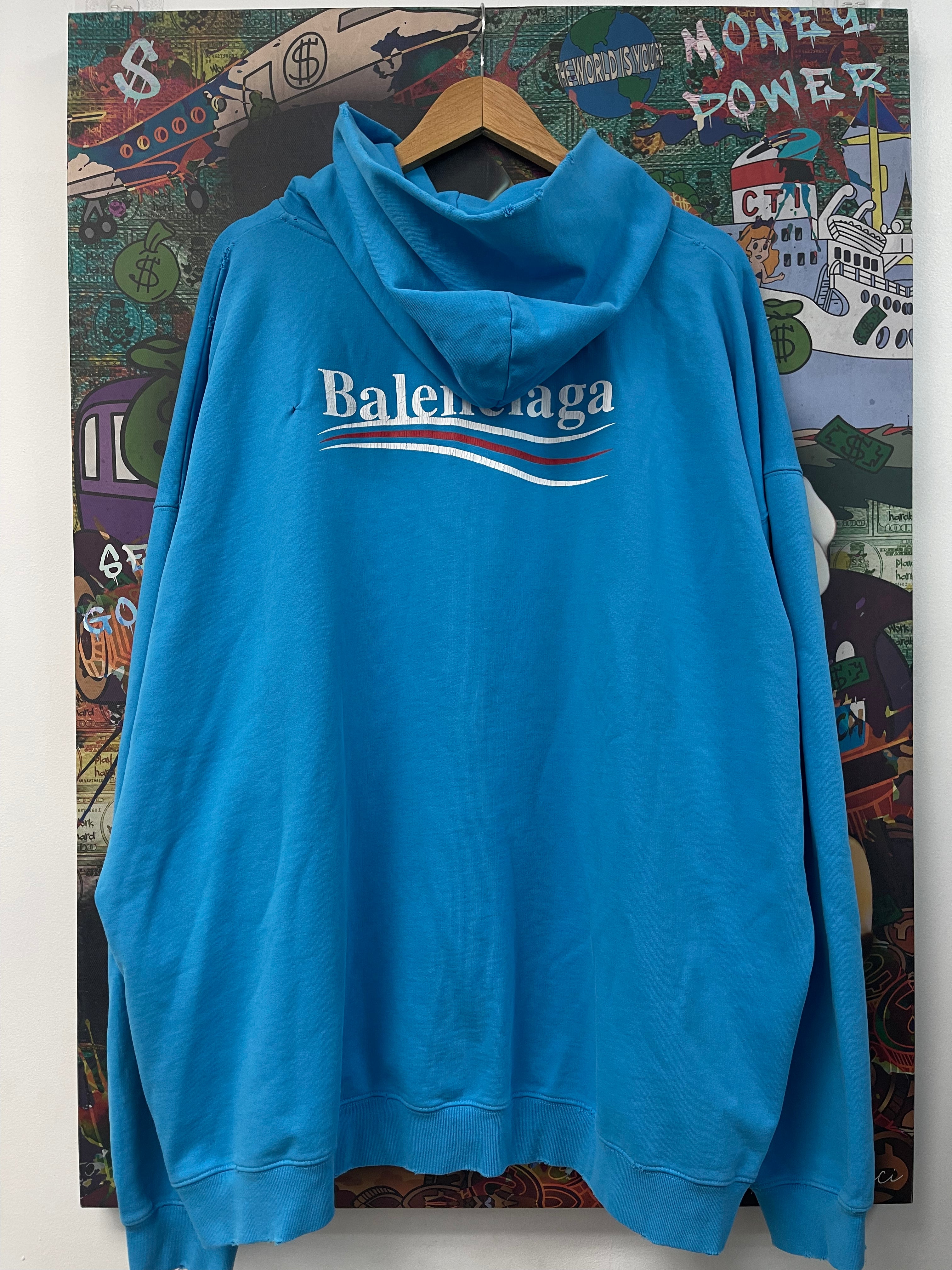 Balenciaga Baby Blue Distressed Campaign Logo Hoodie