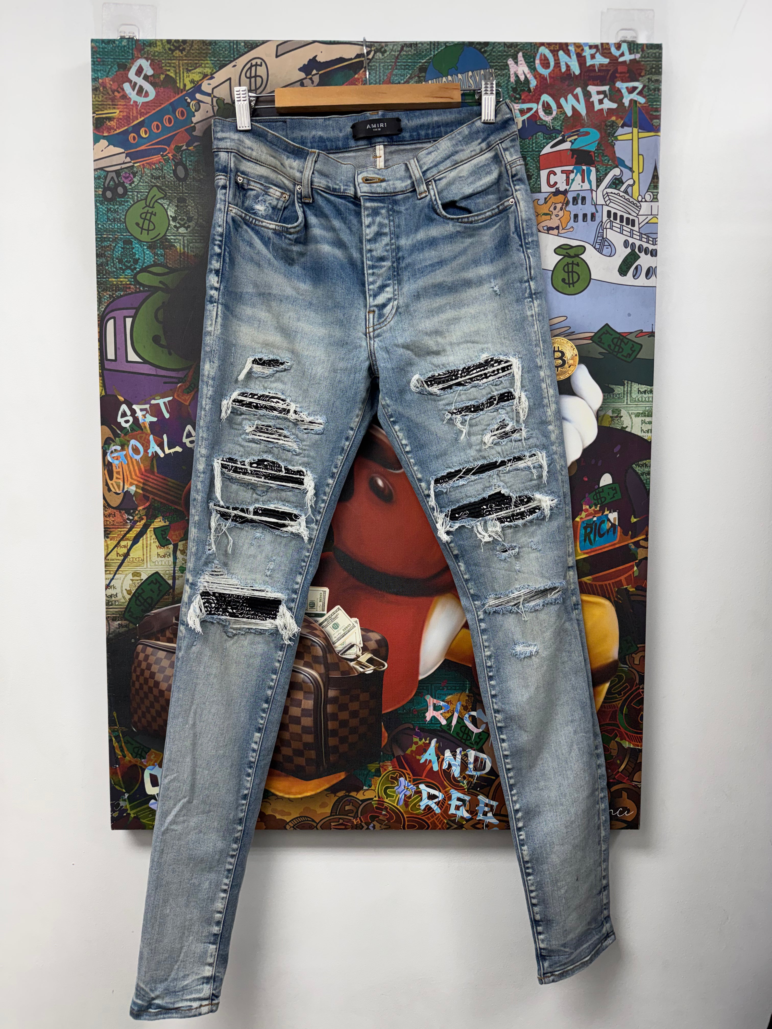 Amiri Light Wash Black Paisley Thrasher Patch Jeans
