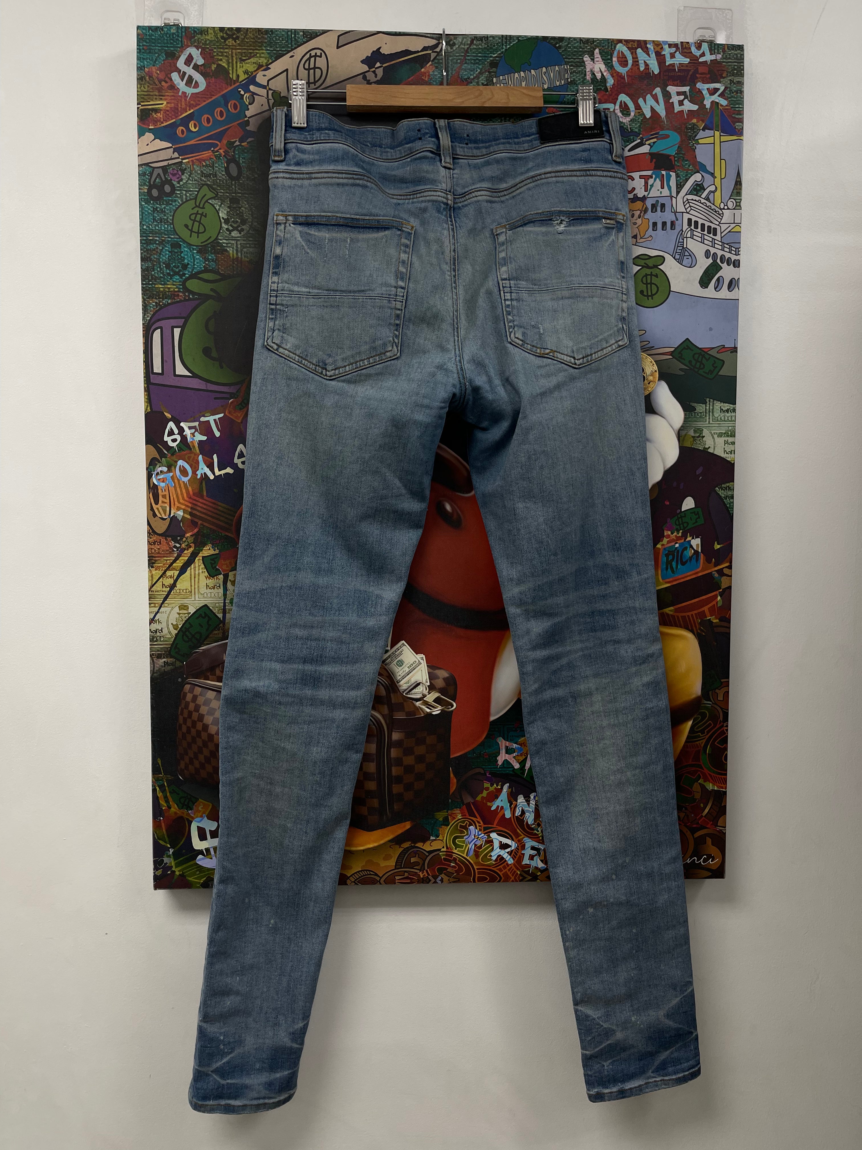 Amiri MX1 Light Wash Black Playboy Patch Jeans (Repaired Crotch)