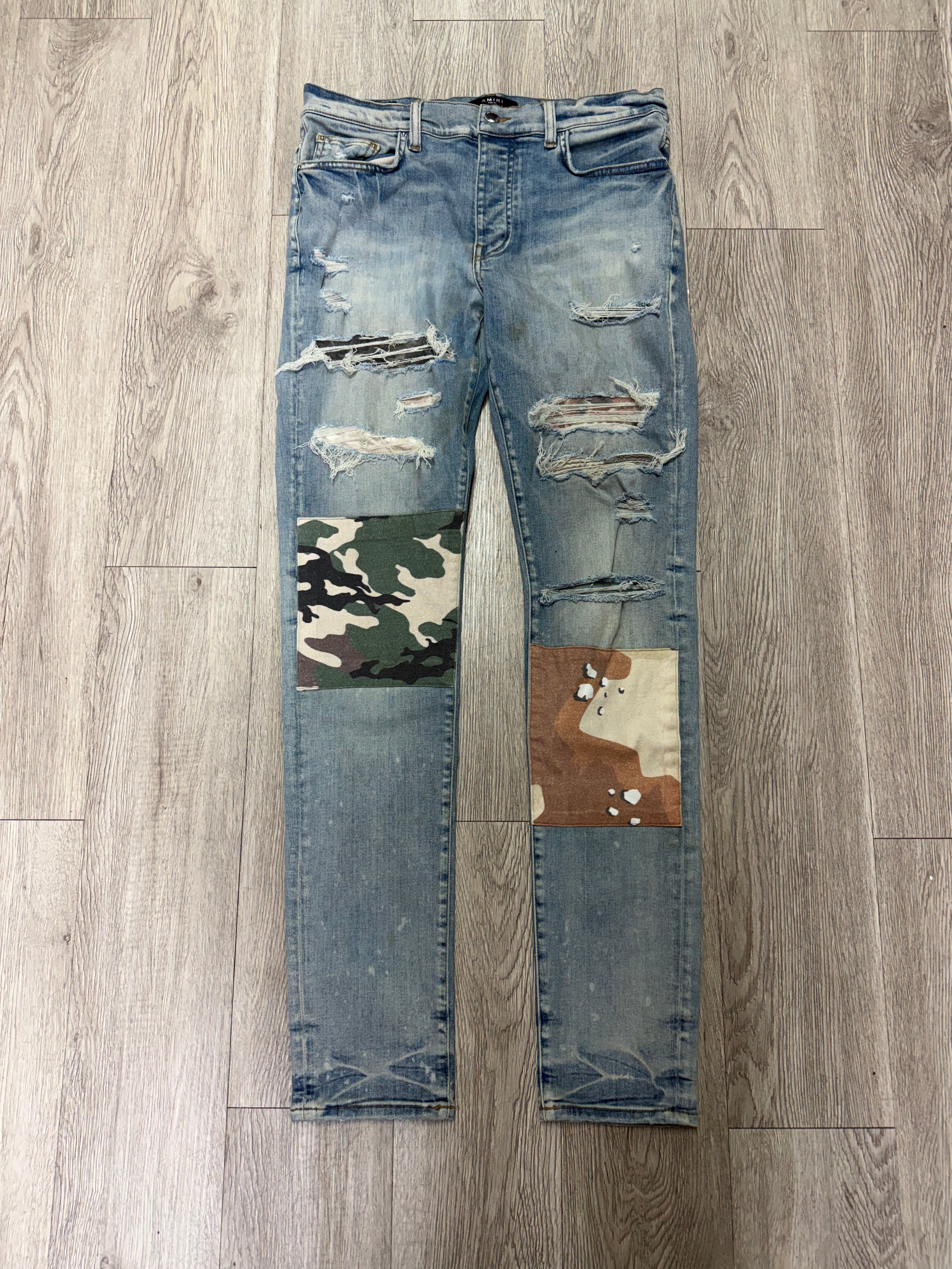 Amiri Light Wash Desert Camo Patchwork Jeans