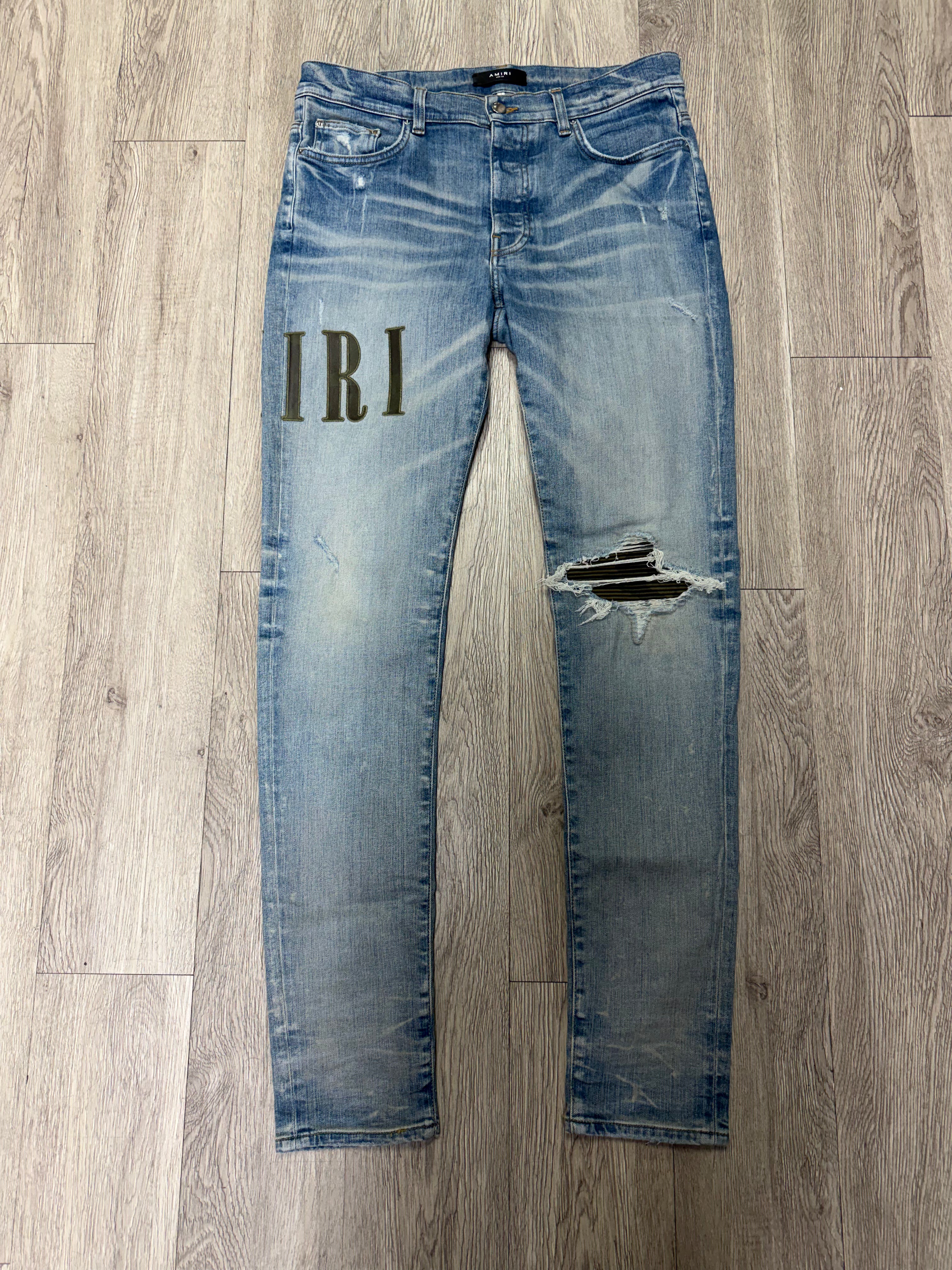 Amiri Light Wash Camo Side Logo MX1 Jeans