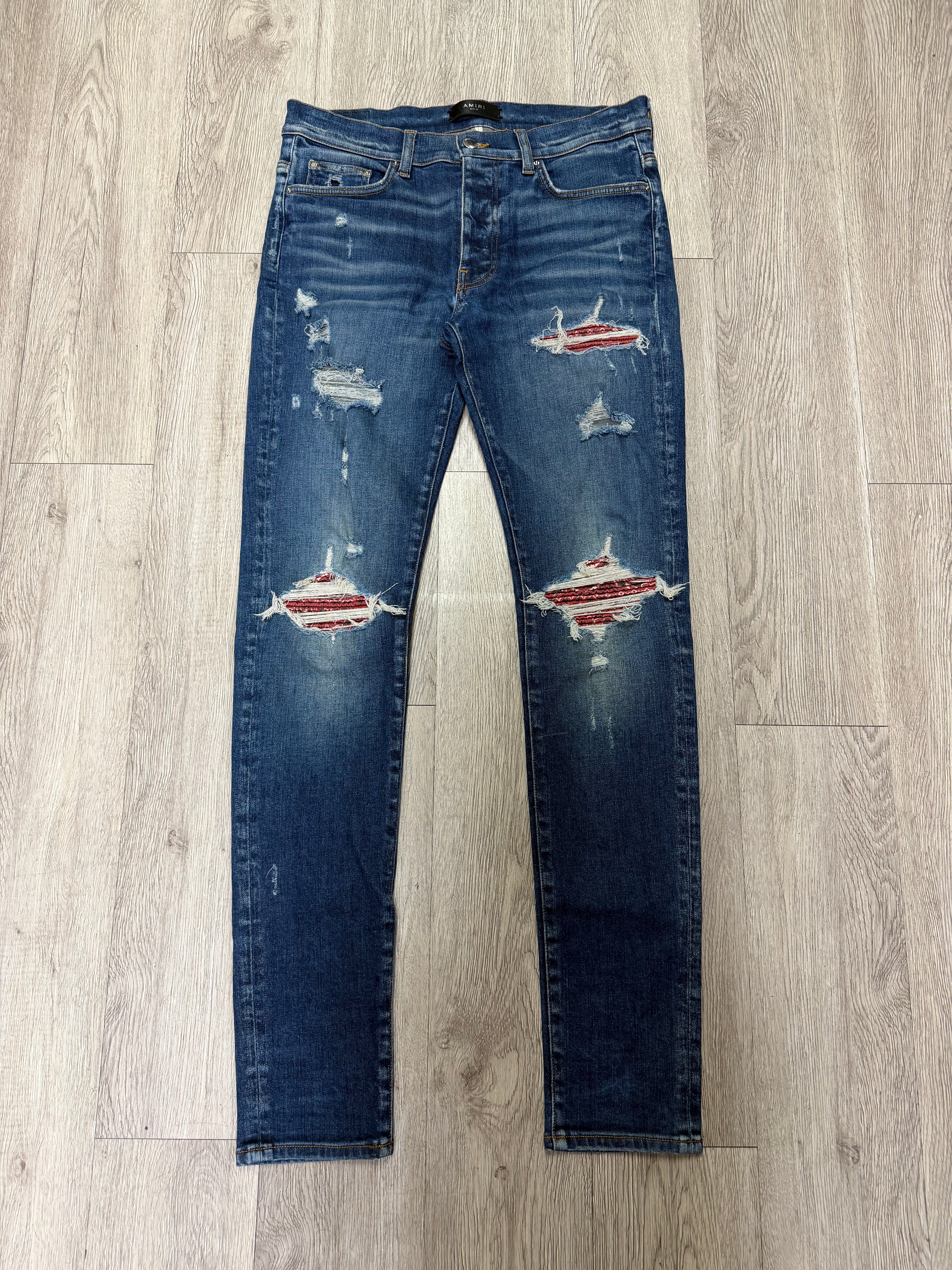 Amiri MX1 Navy Wash Red Paisley Patch Jeans