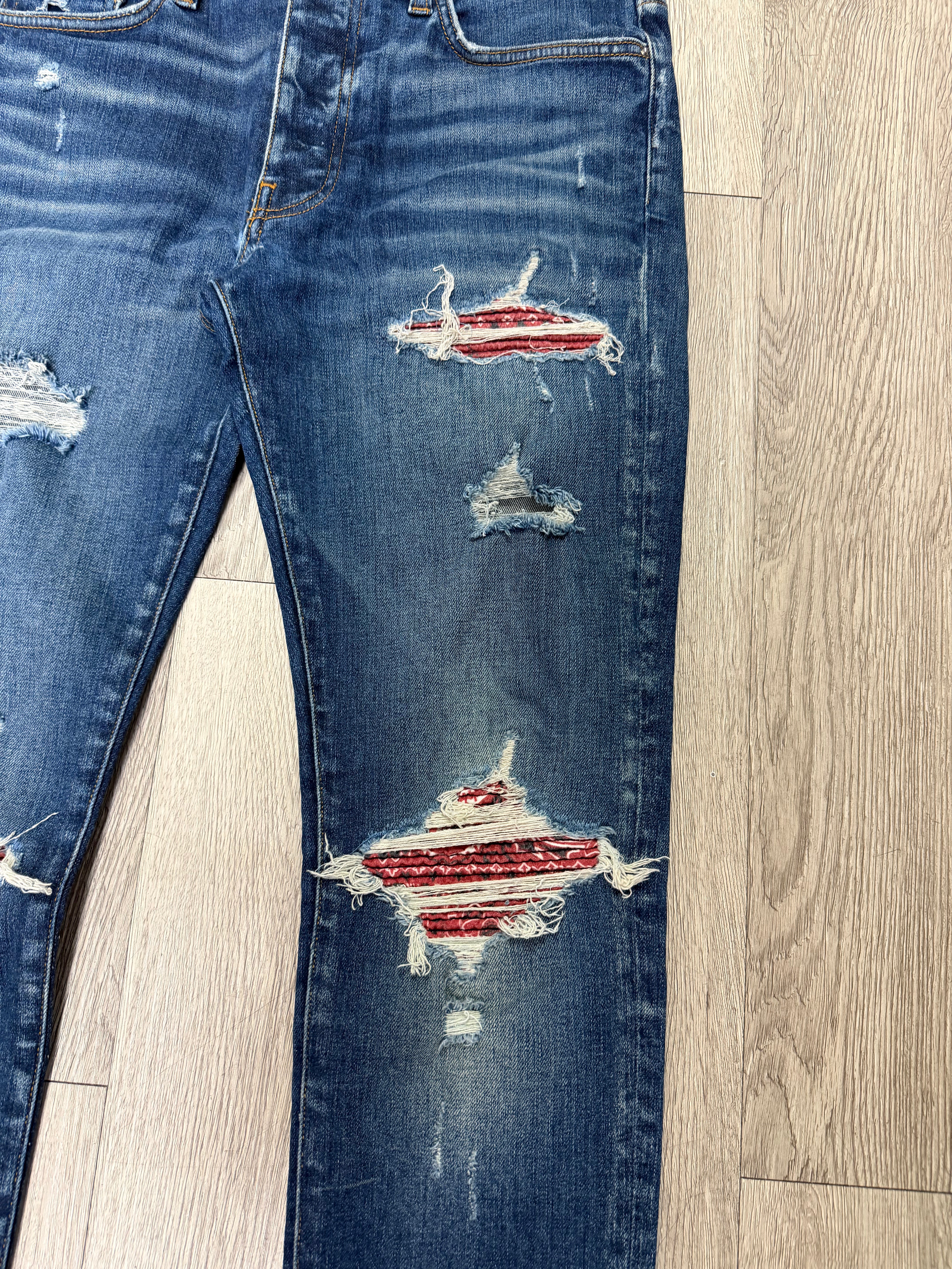 Amiri MX1 Navy Wash Red Paisley Patch Jeans