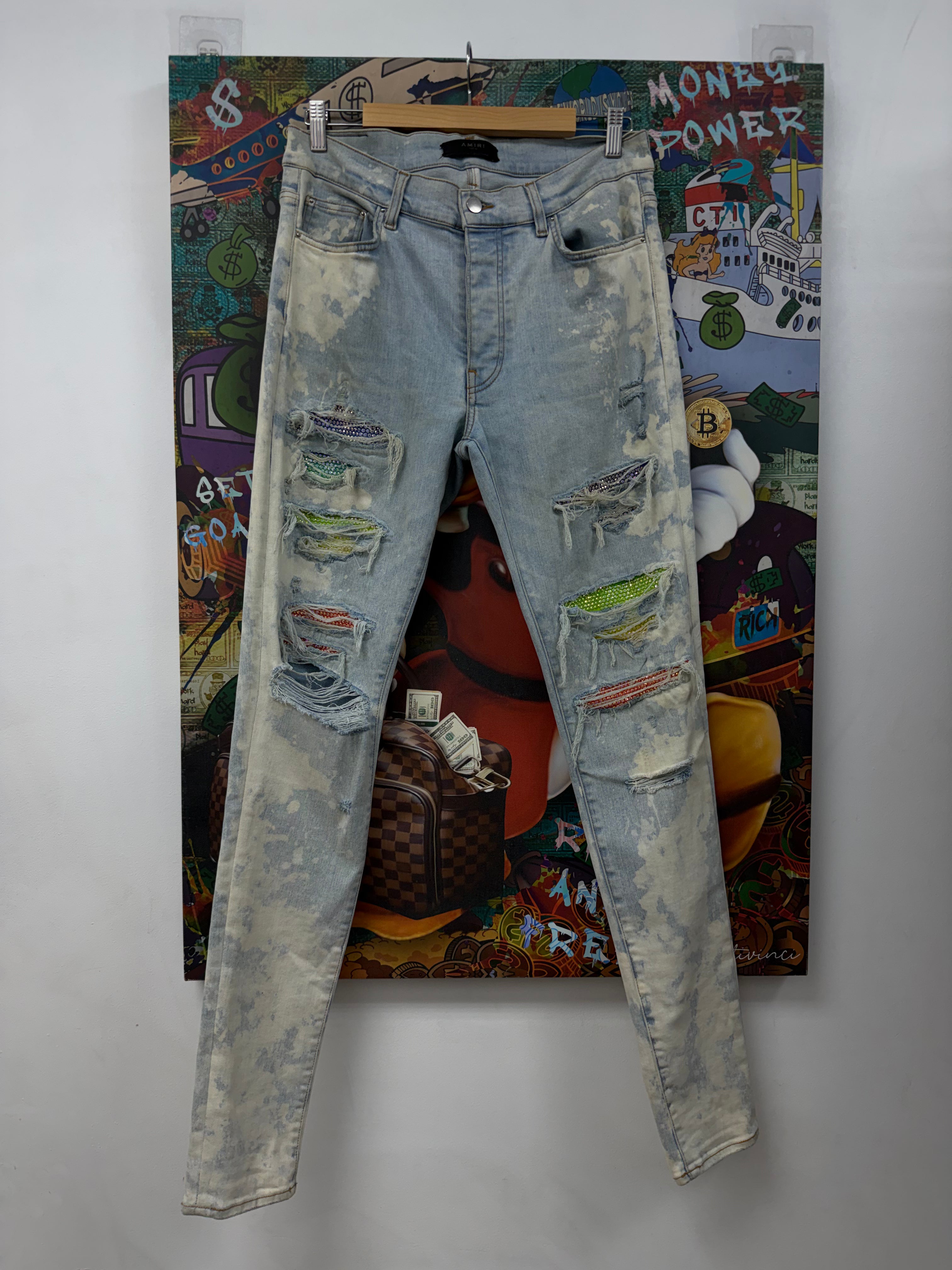 Amiri Bleach Wash Rainbow Swarovski Crystal Thrasher Patch Jeans