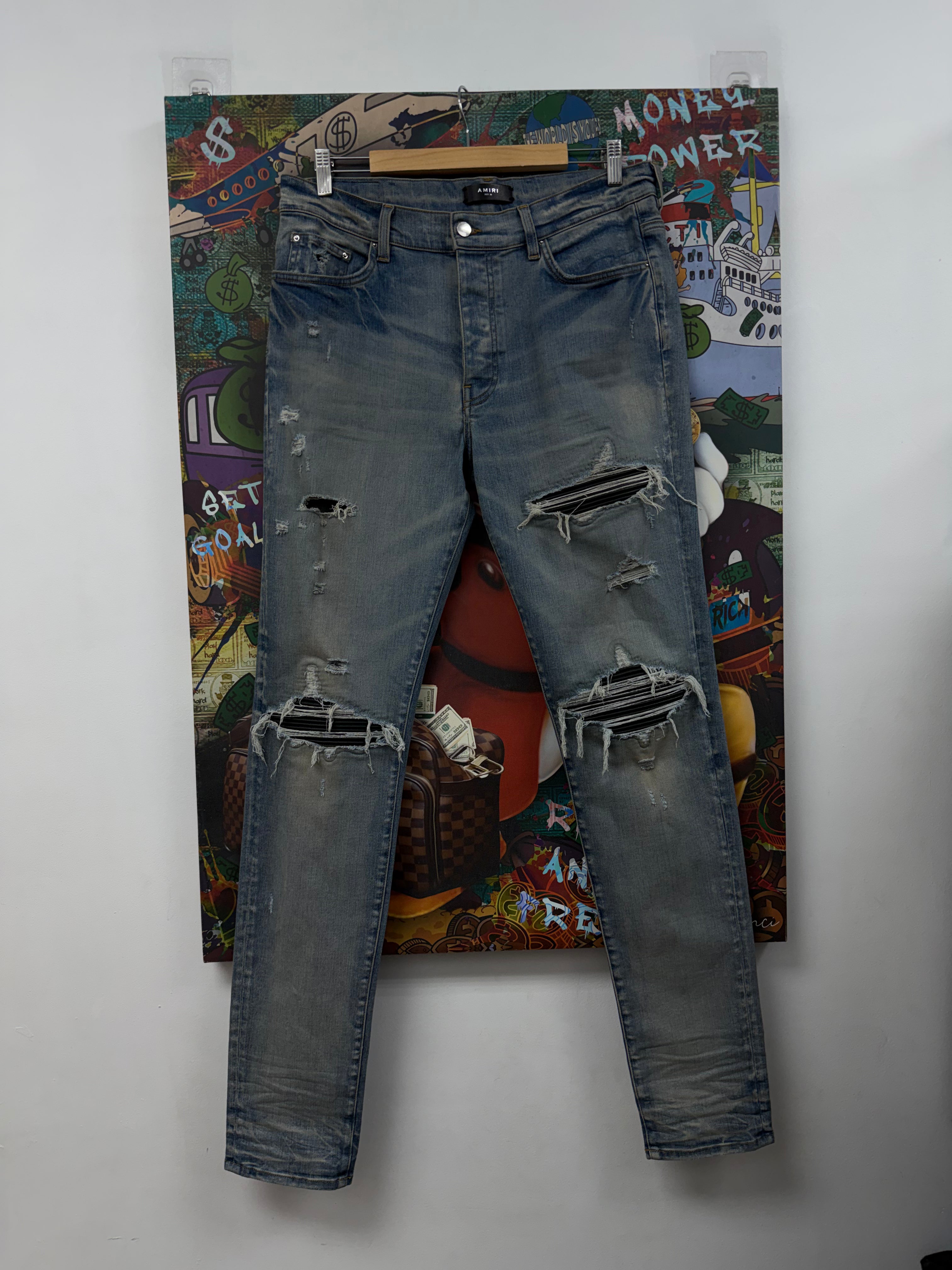 Amiri Light Wash Black Leather MX1 Patch Jeans