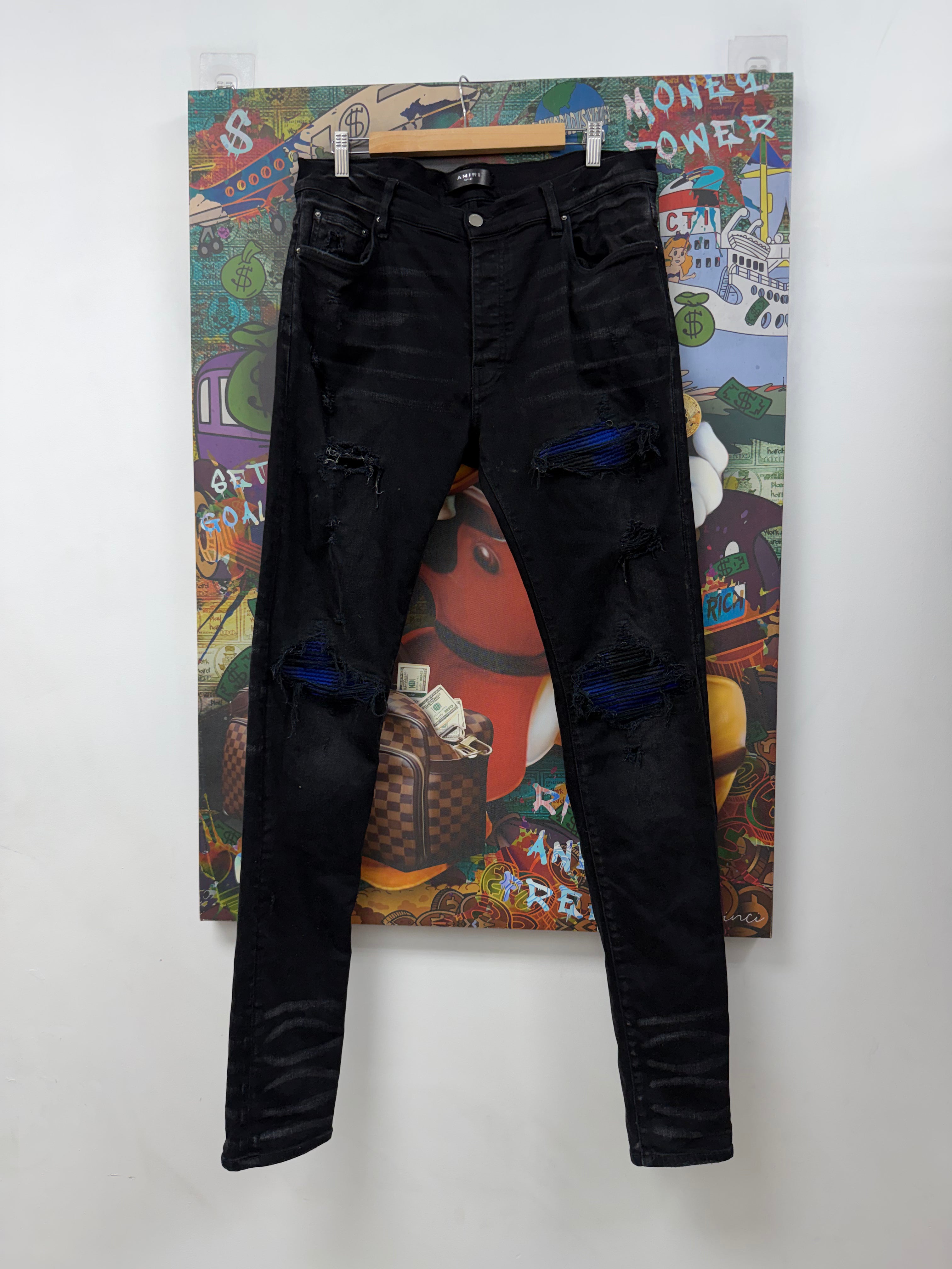 Amiri Black Wash Blue Plaid Patch MX1 Jeans