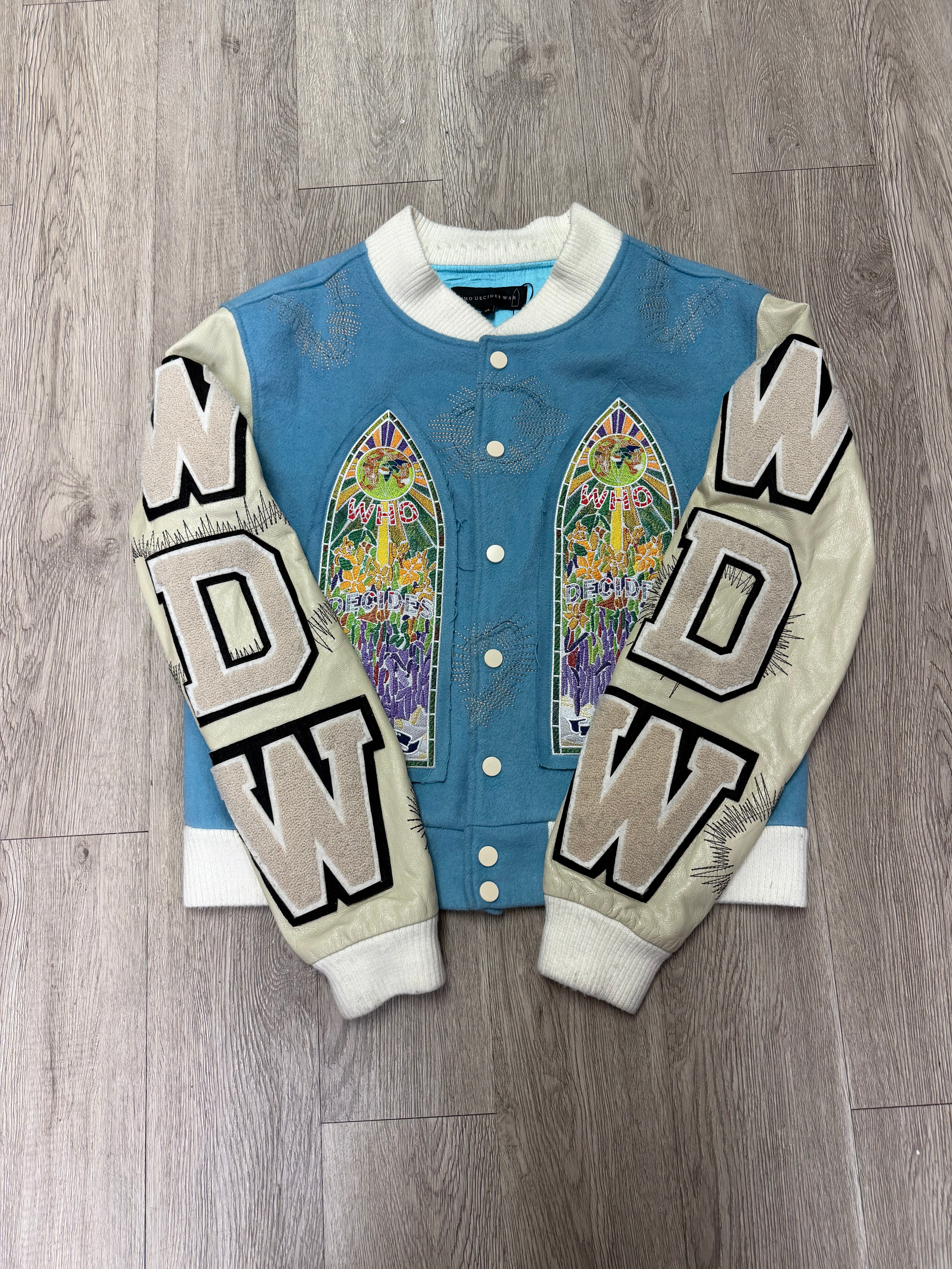 Who Decides War Baby Blue Stained Glass Varsity Jacket