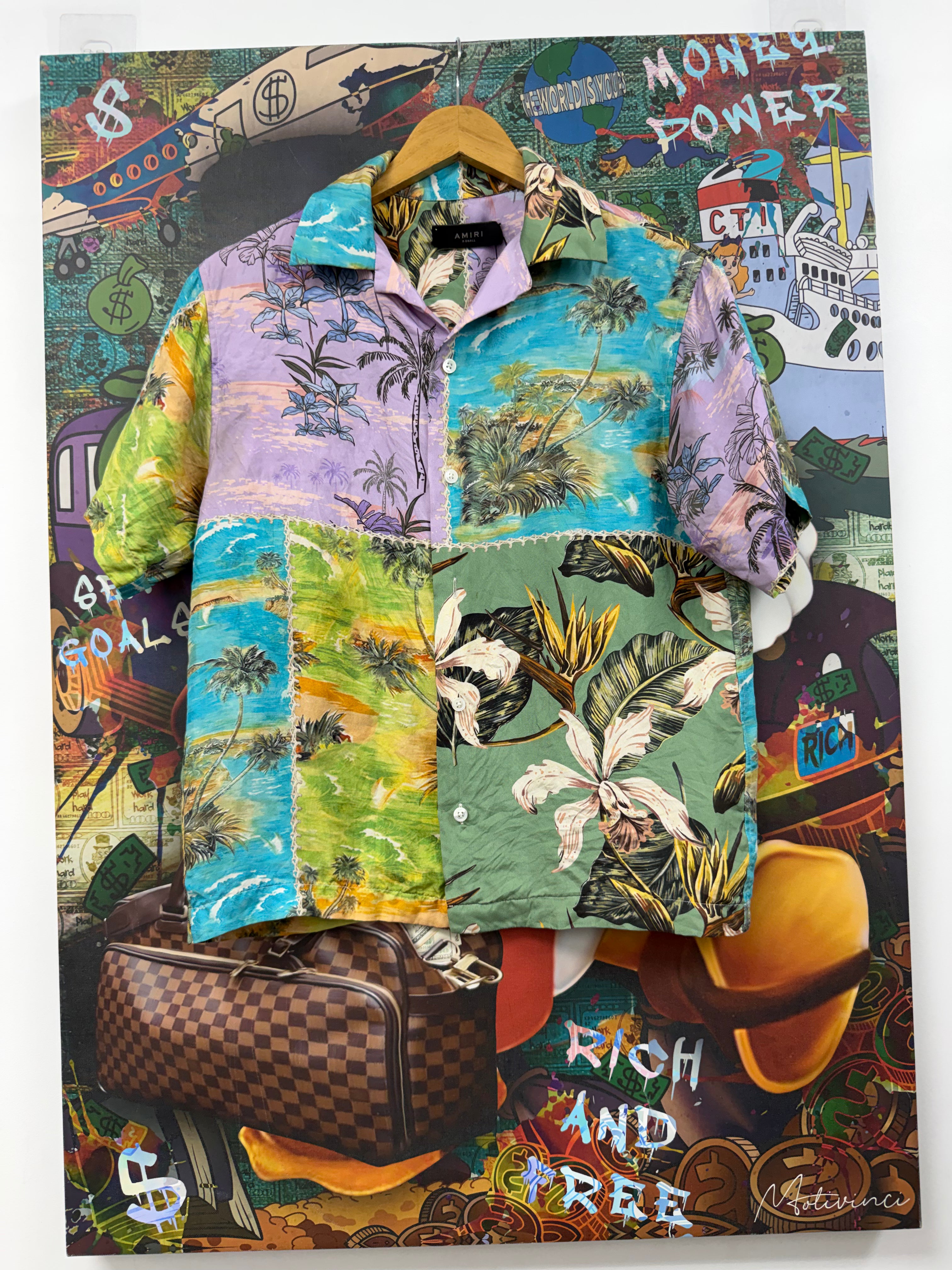 Amiri Blue Green Lavender Palm Silk Button Up