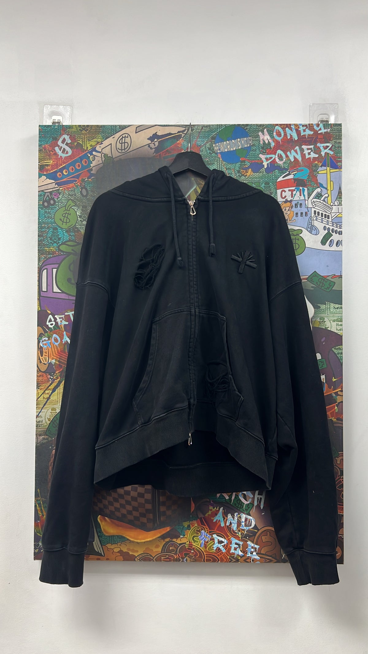 Vertabrae Black Tonal Embroidered Distressed Zip Up