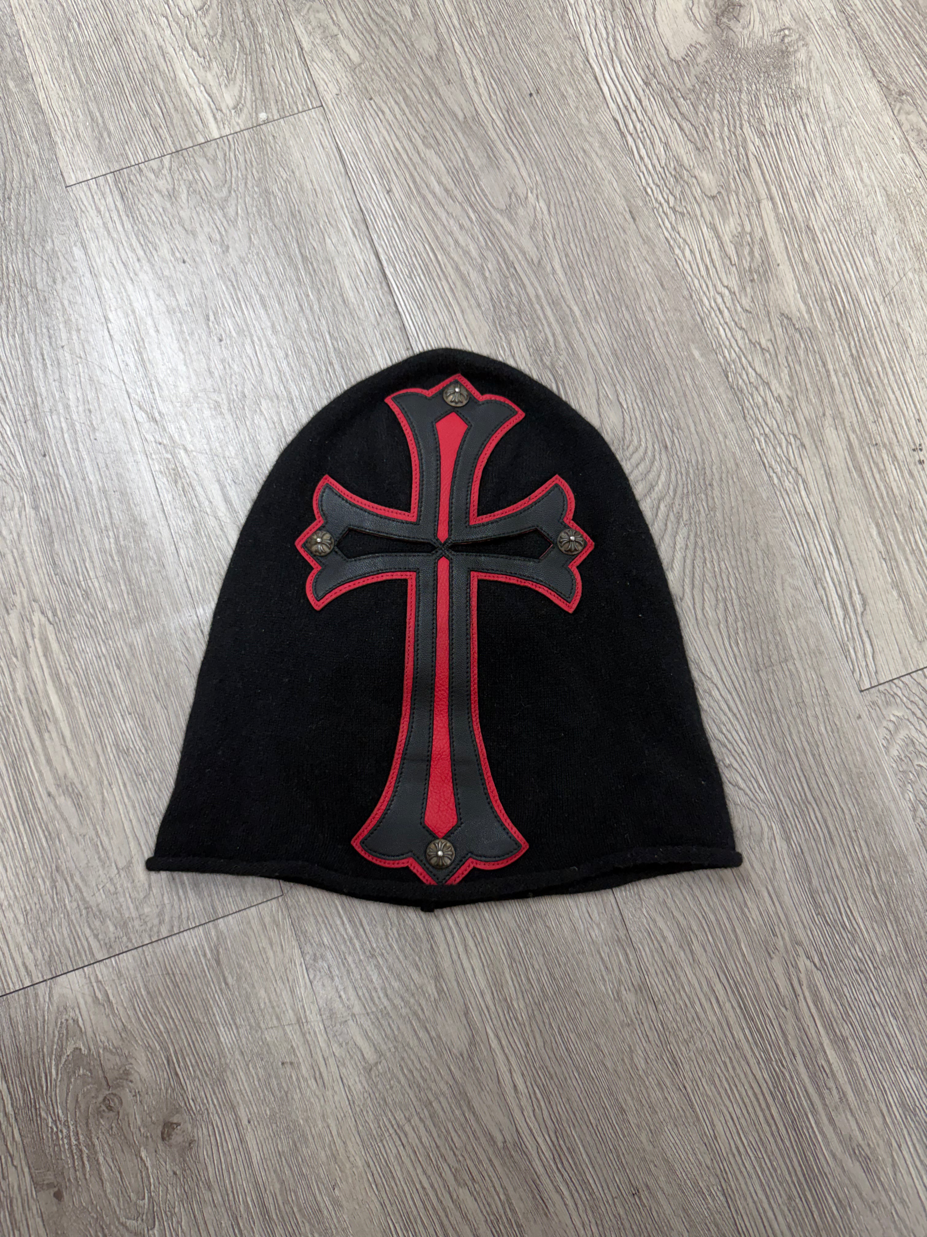 Chrome Hearts Black Red Cross Leather Facemask Beanie