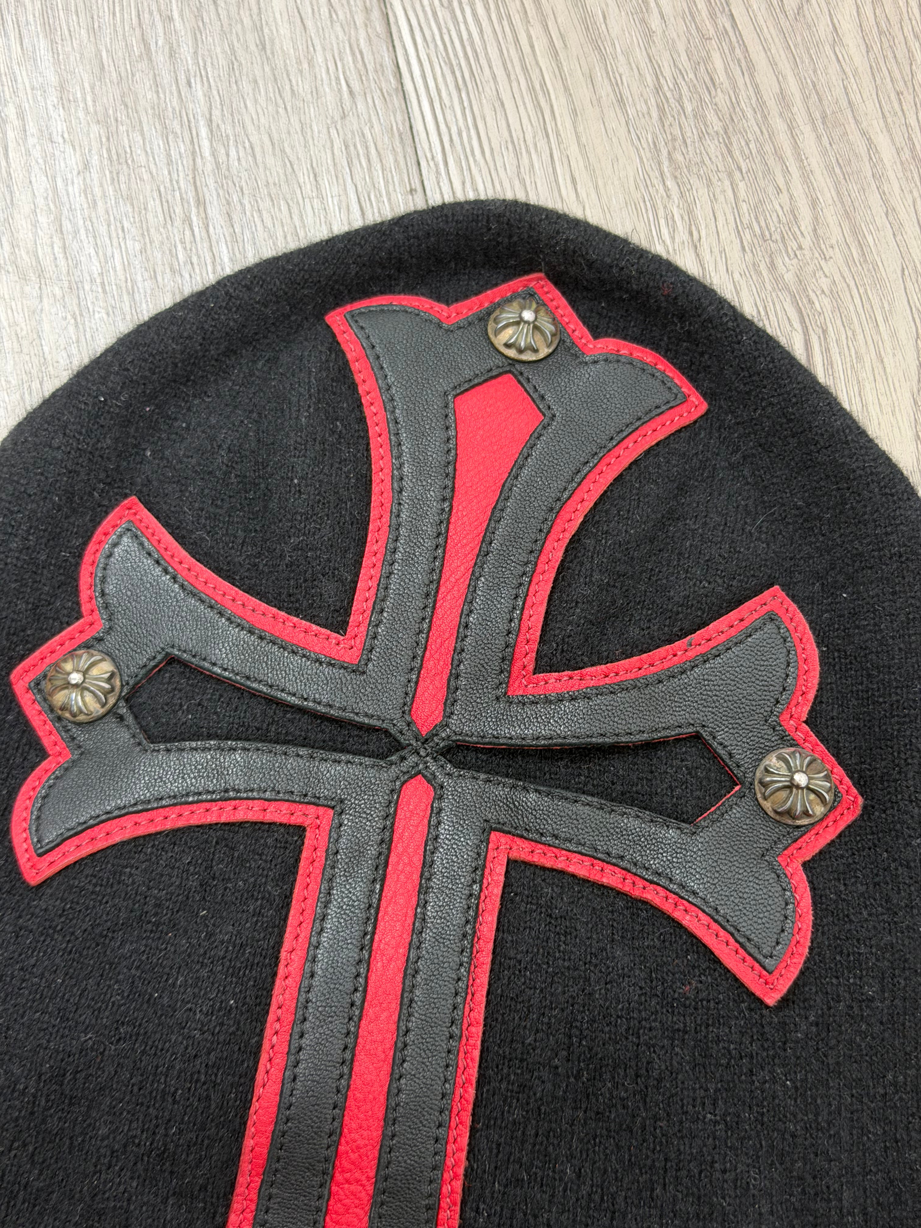 Chrome Hearts Black Red Cross Leather Facemask Beanie